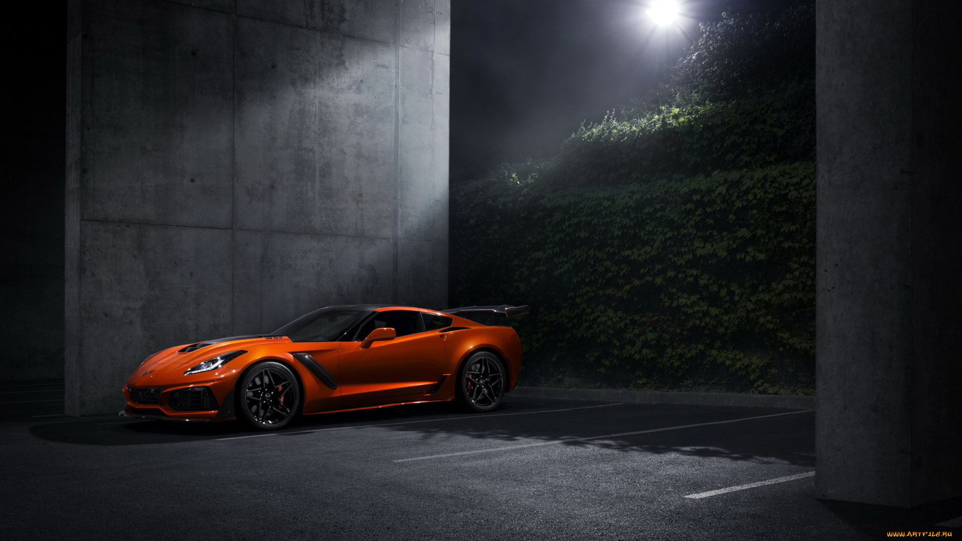 автомобили, corvette, стоянка, zr1, chevrolet, кусты, оранжевый