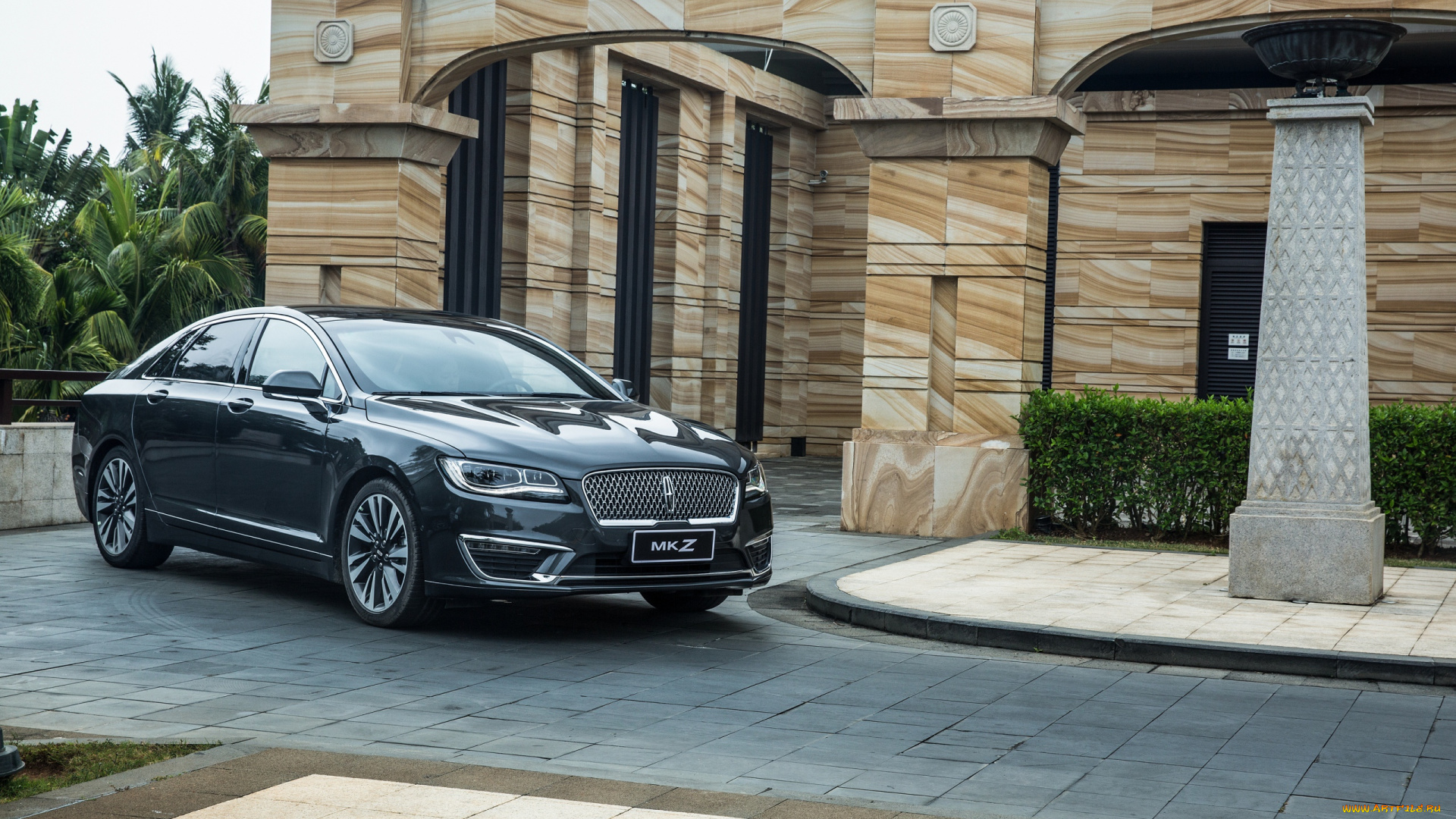 автомобили, lincoln, линкольн, mkz, hybrid, здание, пальмы, черный