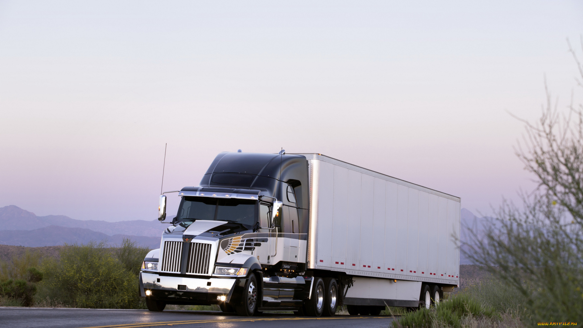 автомобили, western, star, шоссе, трасса, дорога, фура, western, star, грузовик, серебристый, кусты, горы