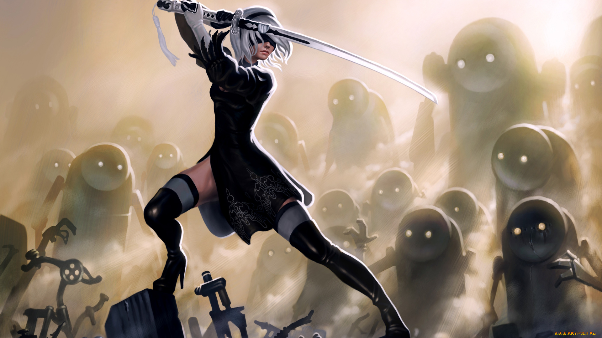 видео, игры, nier, , automata, меч, платье, существа, фон, девушка