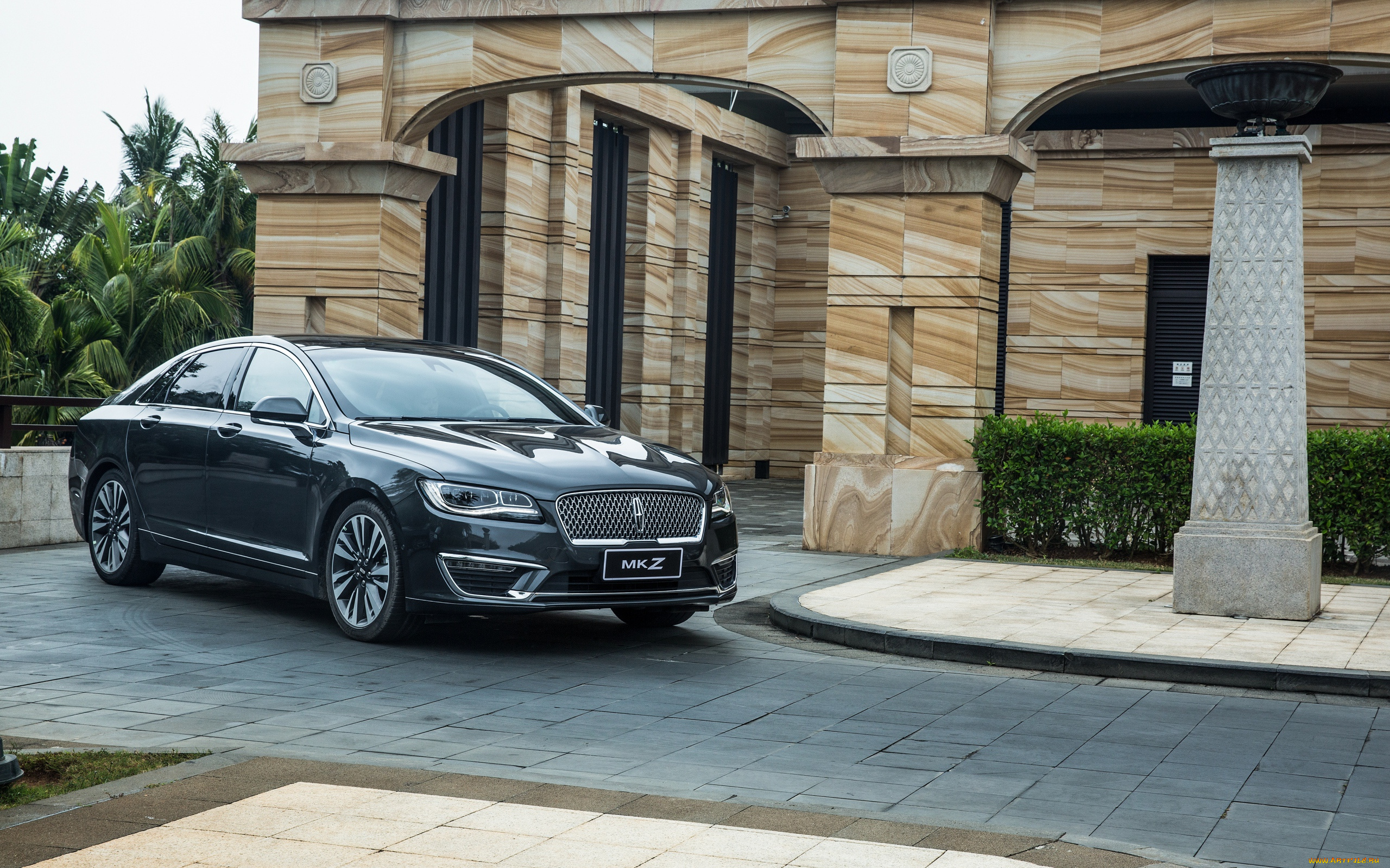 автомобили, lincoln, линкольн, mkz, hybrid, здание, пальмы, черный