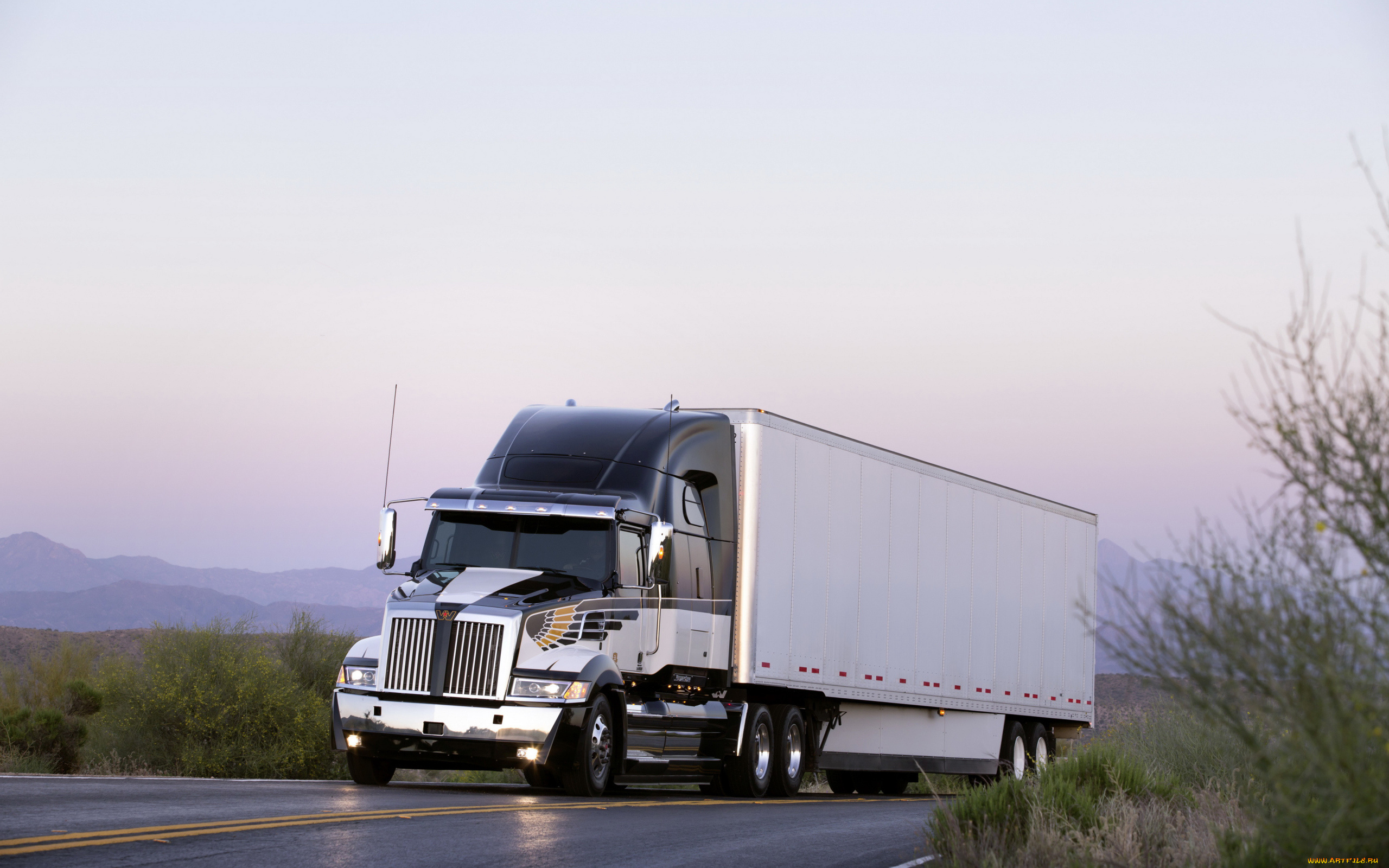 автомобили, western, star, шоссе, трасса, дорога, фура, western, star, грузовик, серебристый, кусты, горы