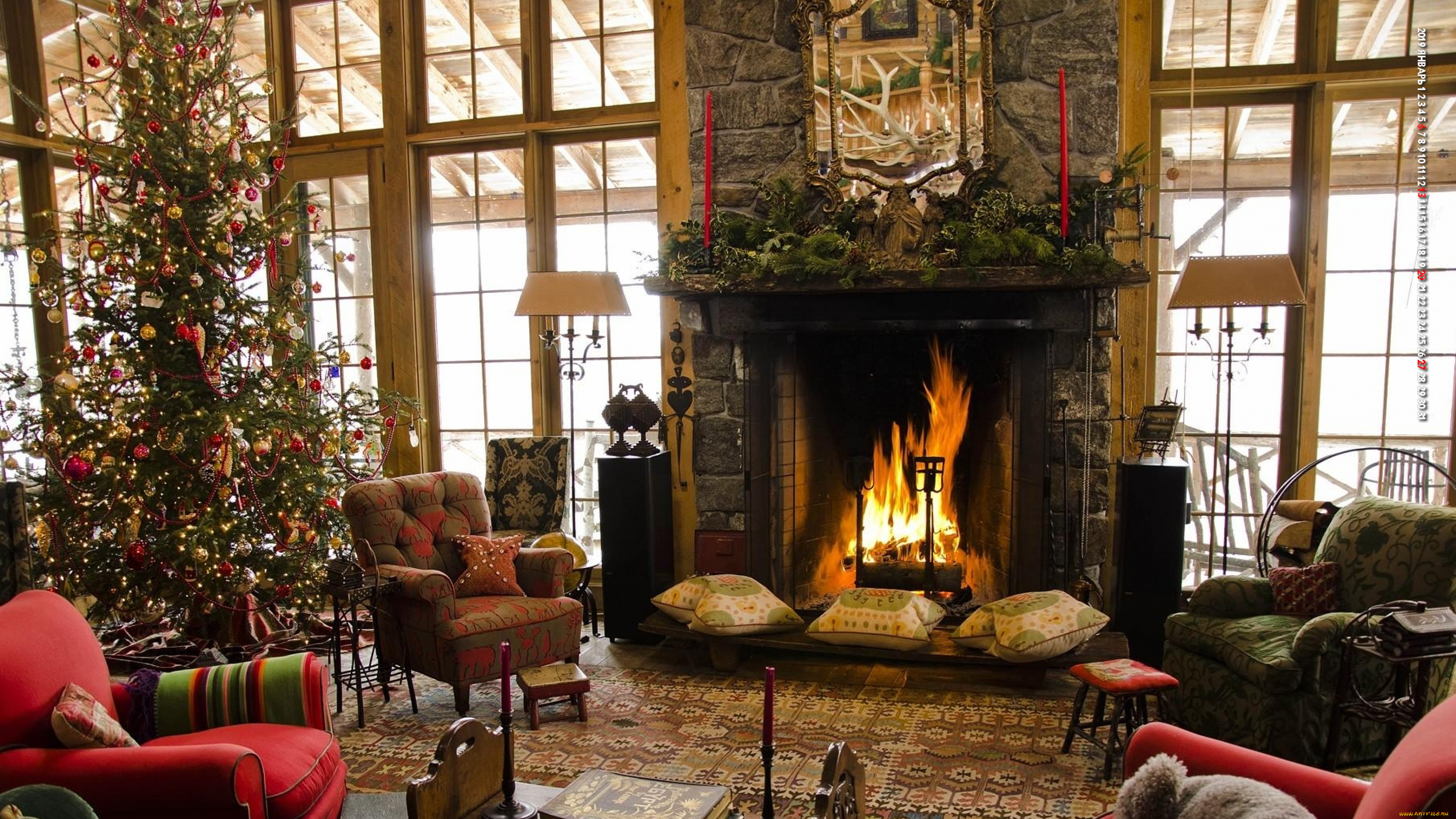 календари, праздники, , салюты, интерьер, мебель, елка, комната, камин, кресло
