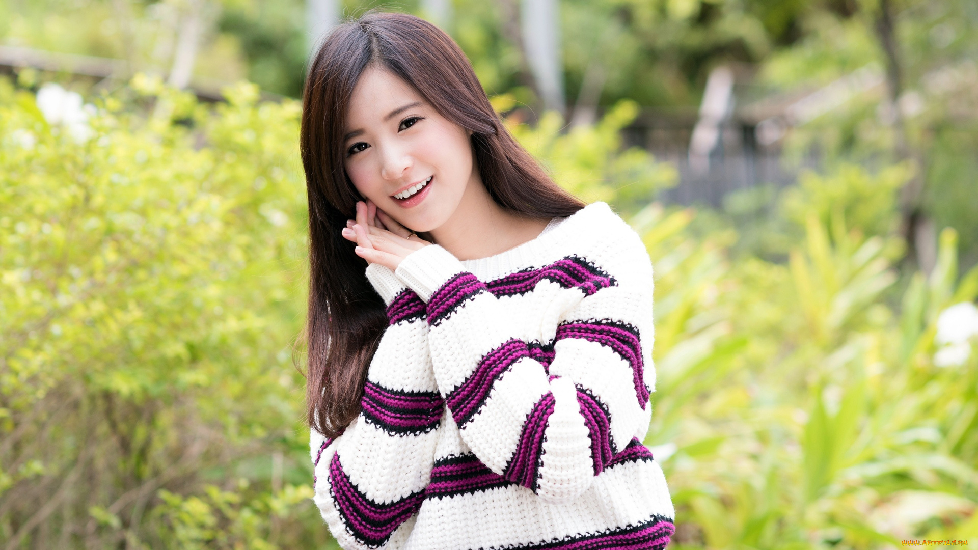 девушки, -, азиатки, свитер, азиатка, улыбка, жест