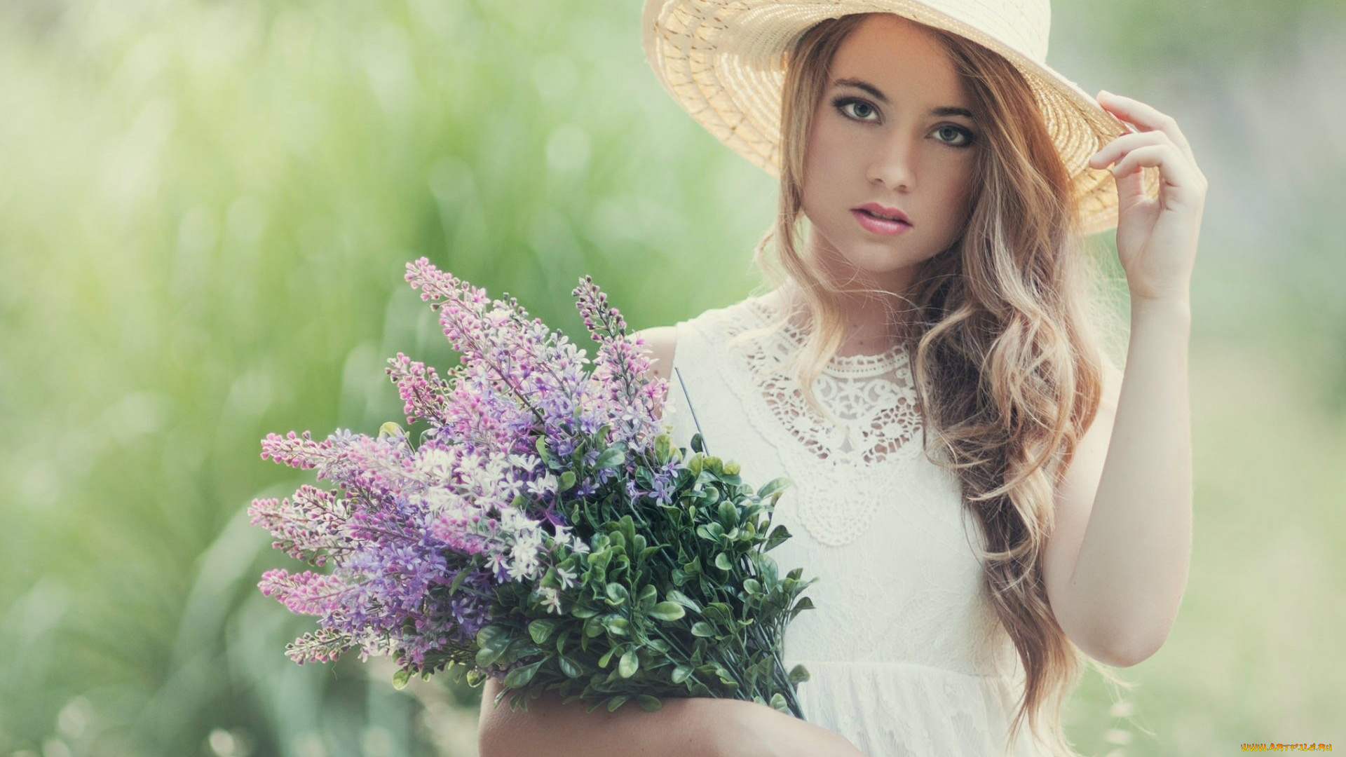 девушки, -, блондинки, , светловолосые, шляпа, цветы, букет, блондинка