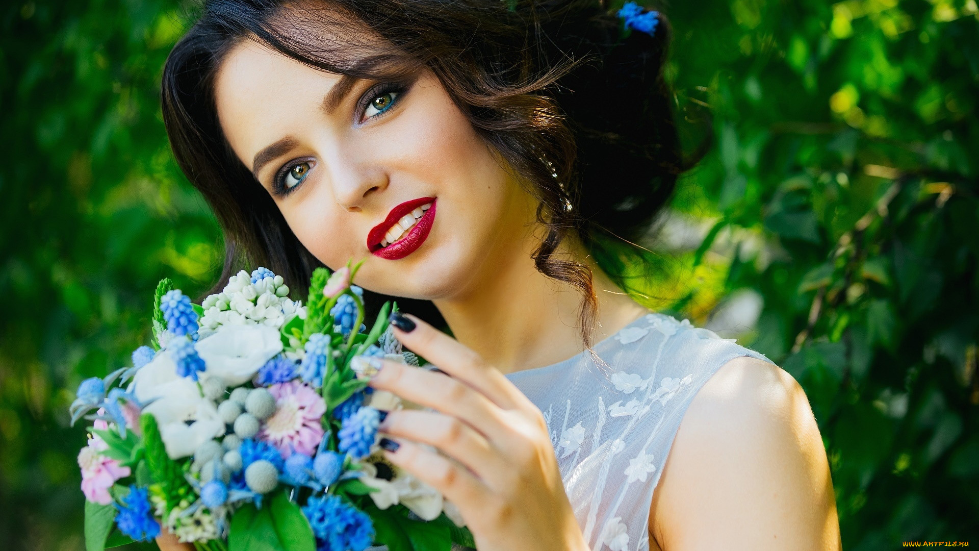 девушки, -, брюнетки, , шатенки, брюнетка, цветы, букет, макияж