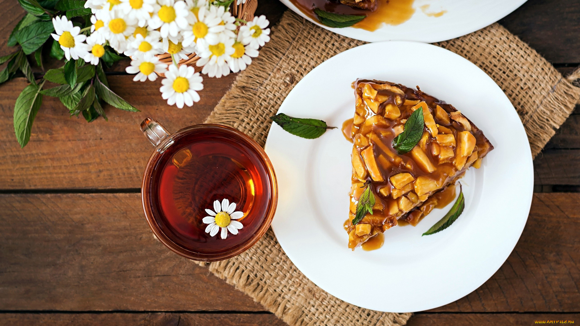 еда, пироги, ромашки, пирог, чай