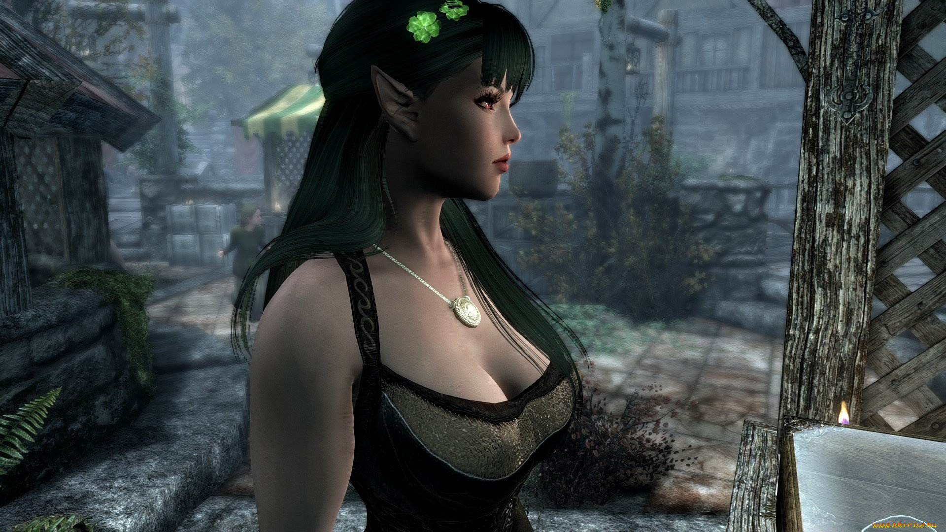 видео, игры, the, elder, scrolls, v, , skyrim, девушка, эльфийка, декольте, двор