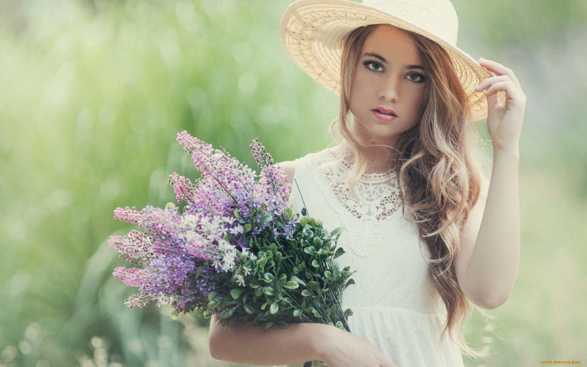 девушки, -, блондинки, , светловолосые, шляпа, цветы, букет, блондинка