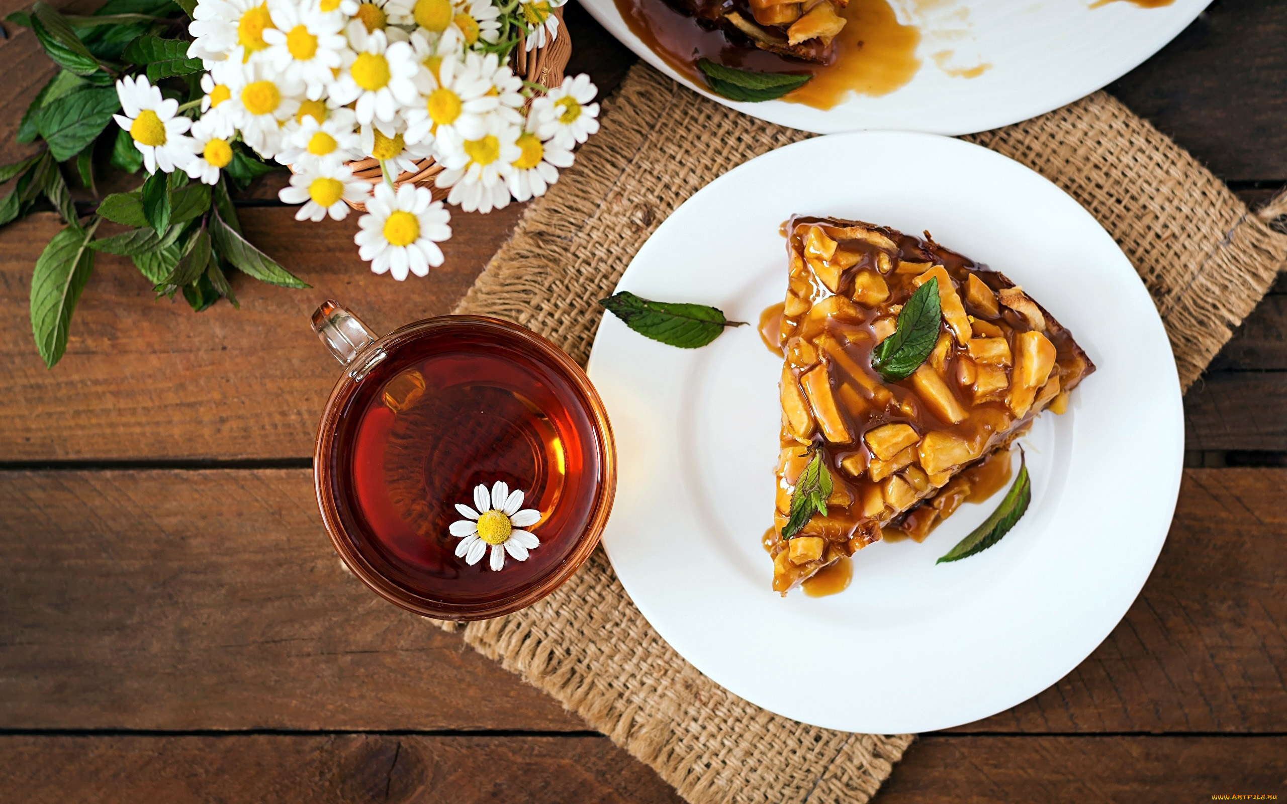 еда, пироги, ромашки, пирог, чай