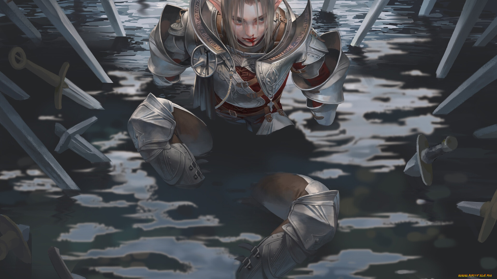 фэнтези, эльфы, девушка, эльф, броня, мечи, грязь