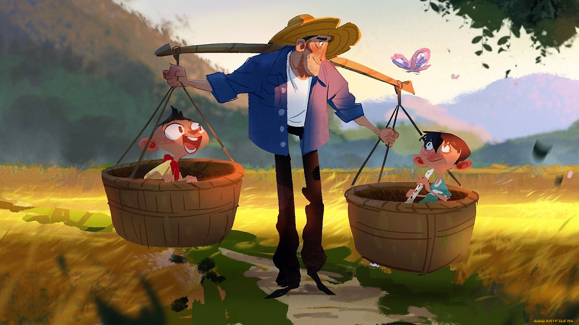 рисованное, кино, , мультфильмы, мужчина, дети, корзины, коромысло, поле