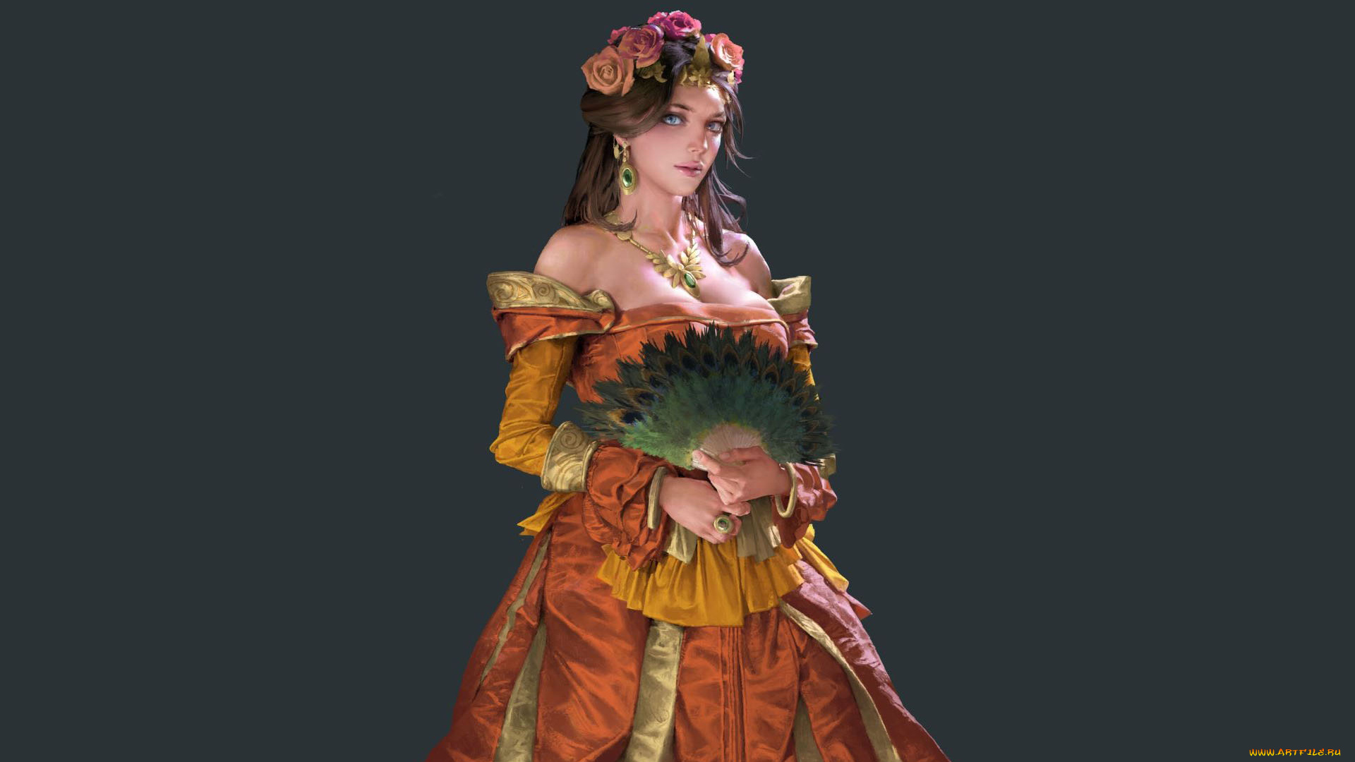 рисованное, люди, девушка, венок, веер, платье