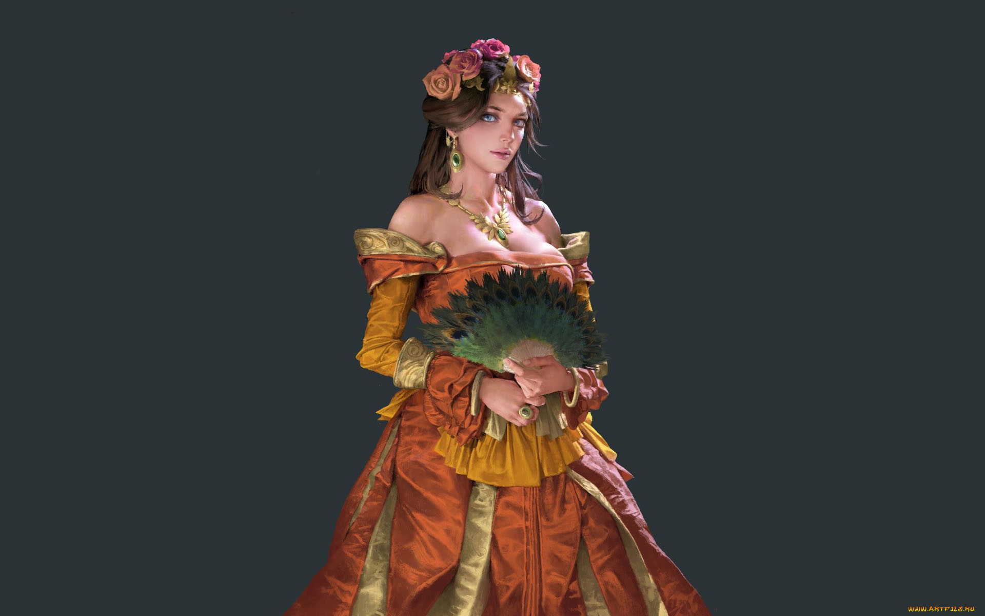 рисованное, люди, девушка, венок, веер, платье