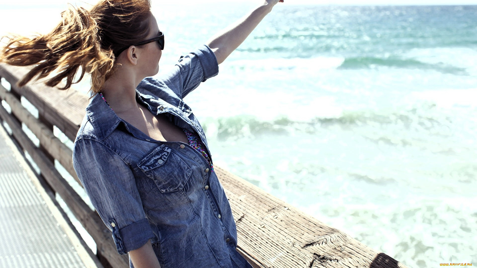 девушки, leanna, decker, рыжая, очки, рубашка, море, пирс