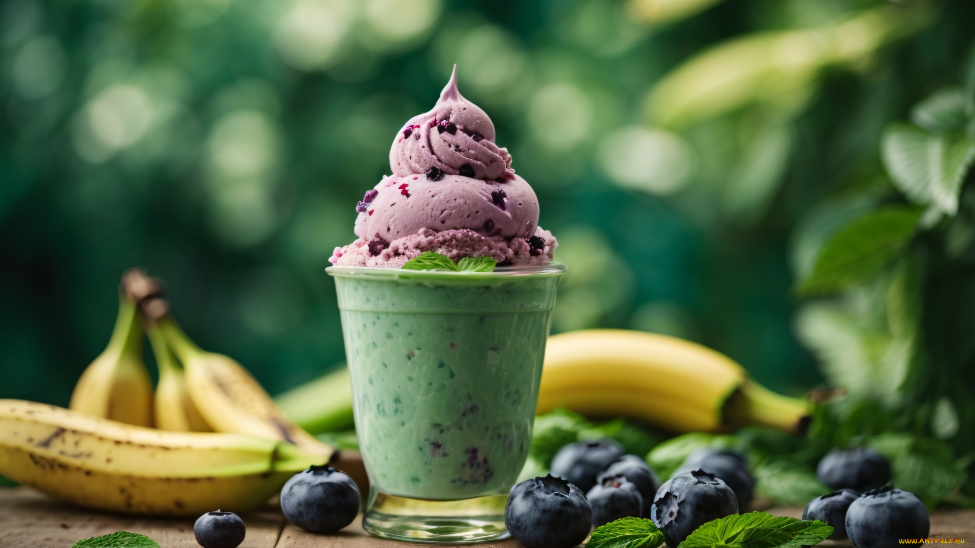 еда, мороженое, , десерты, черника, ягоды, бананы, мята
