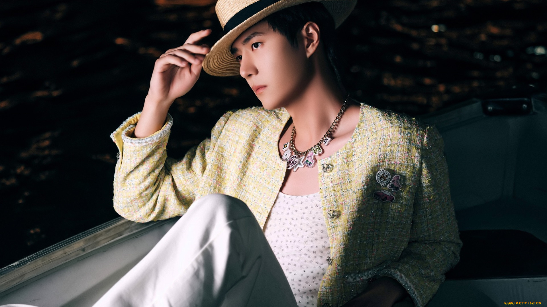 мужчины, wang, yi, bo, актер, шляпа, пиджак, украшения, лодка