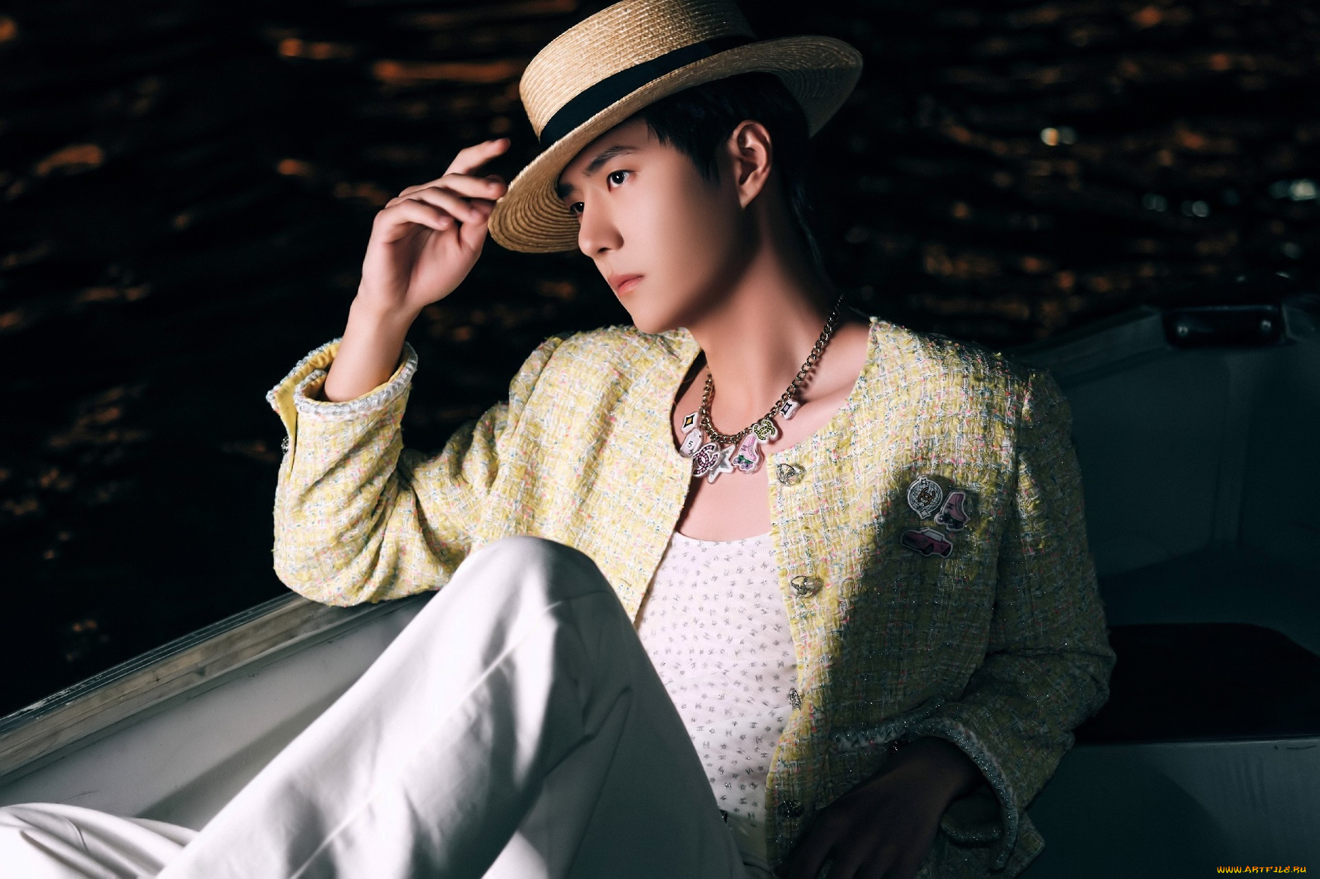 мужчины, wang, yi, bo, актер, шляпа, пиджак, украшения, лодка