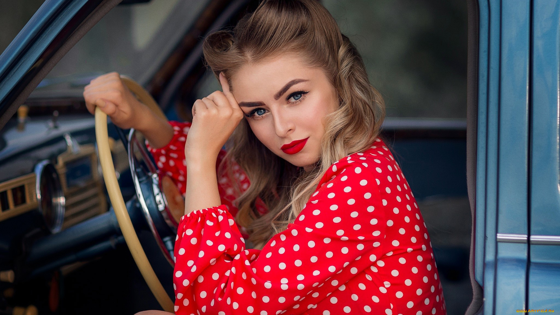 девушки, -, блондинки, , светловолосые, блондинка, платье, руль, машина, ретро