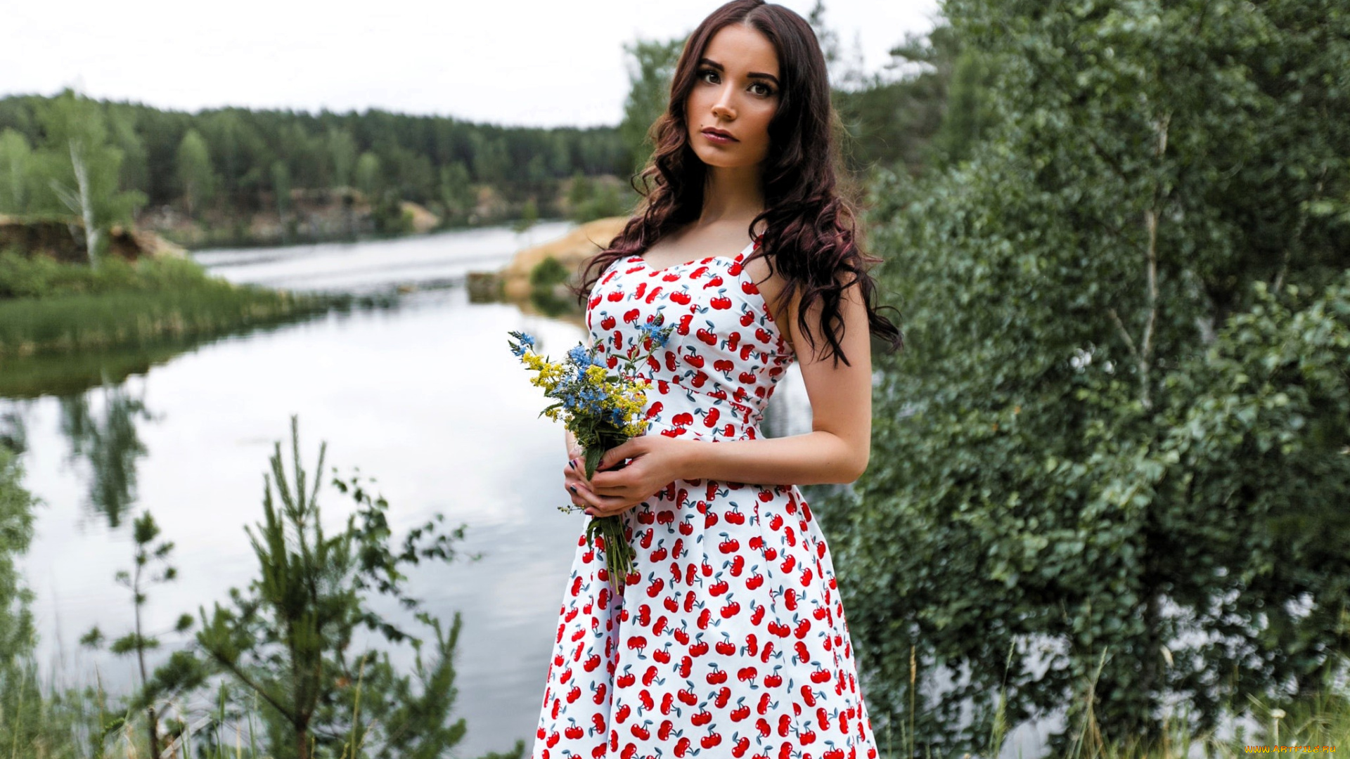 девушки, -, брюнетки, , шатенки, шатенка, платье, букет, роща, берега, река