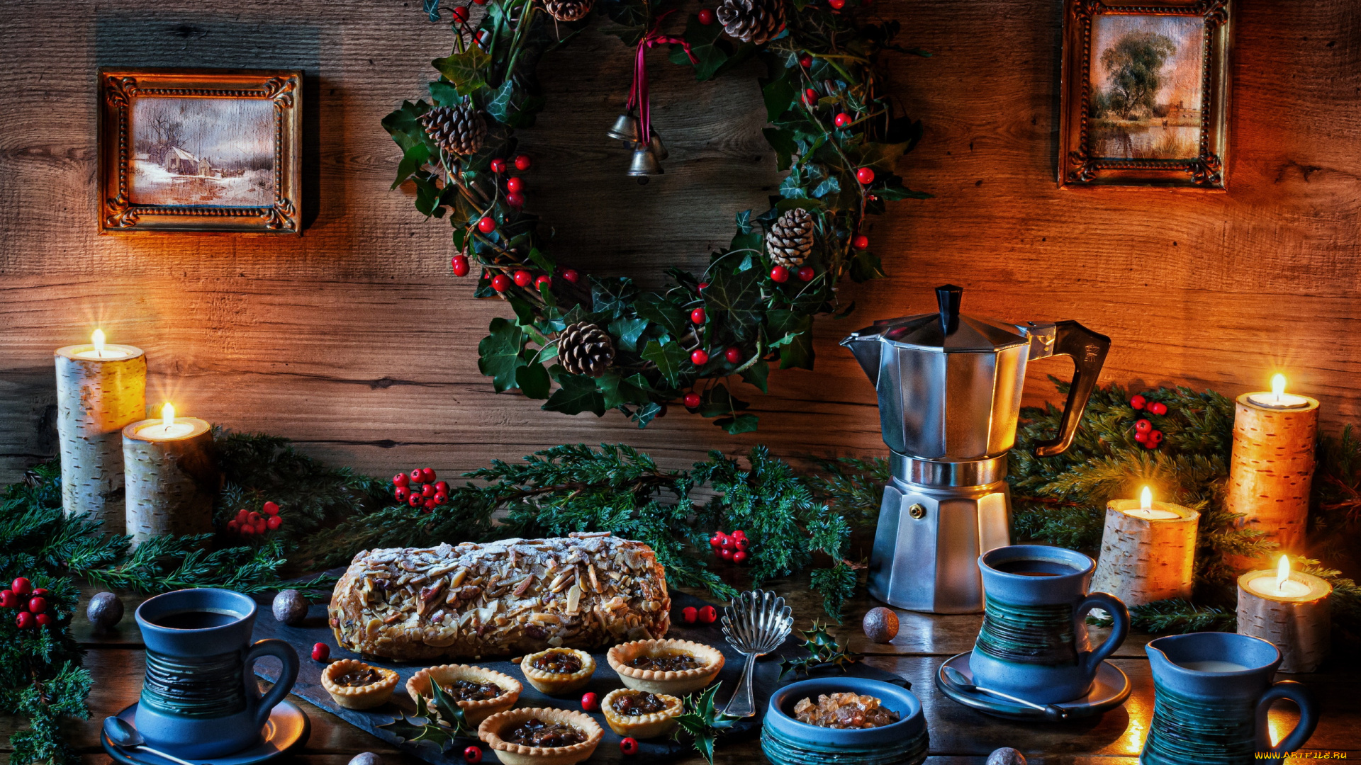 еда, натюрморт, кофейник, кексы, пирог, кофе