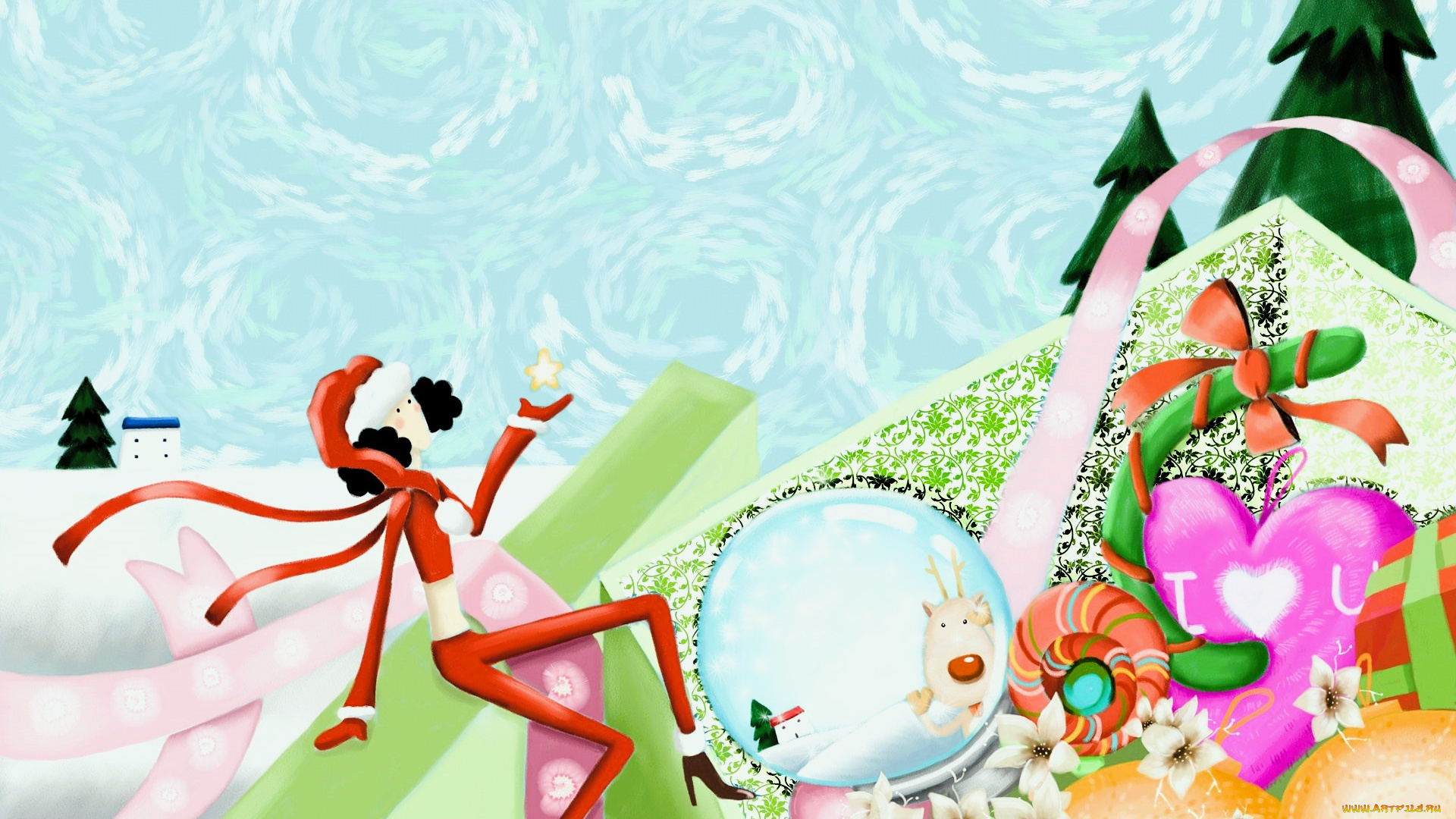 праздничные, векторная, графика, , новый, год, девушка, костюм, подарки, ёлки