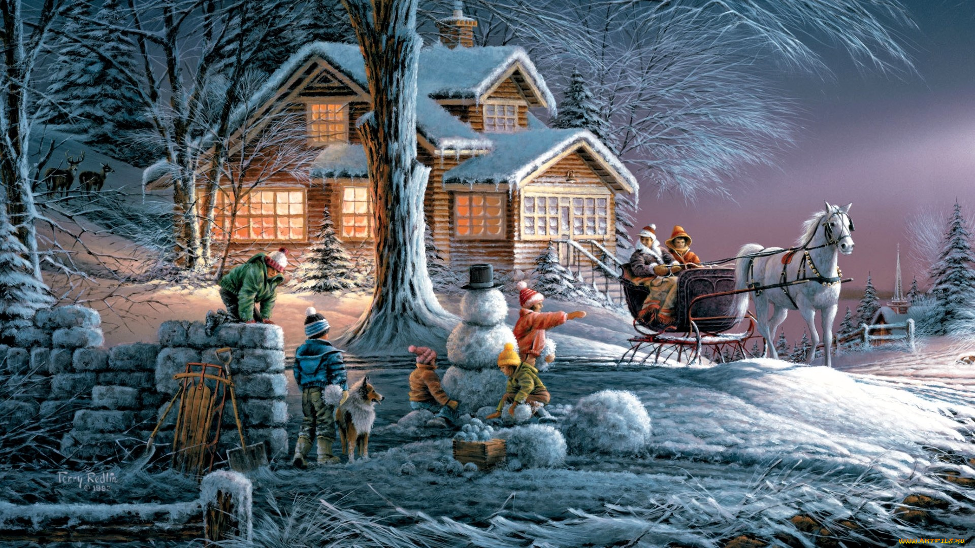 рисованное, люди, сани, дети, снеговик, крепость, снег, дом