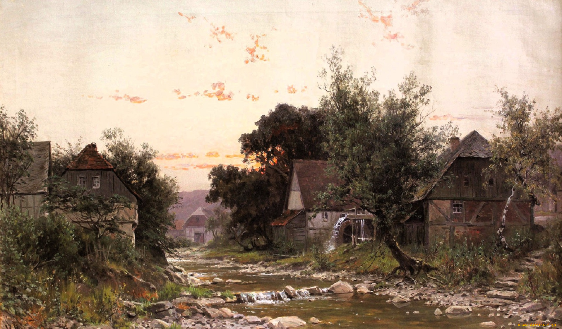 walter, moras, рисованное, река, камни, дома, селение