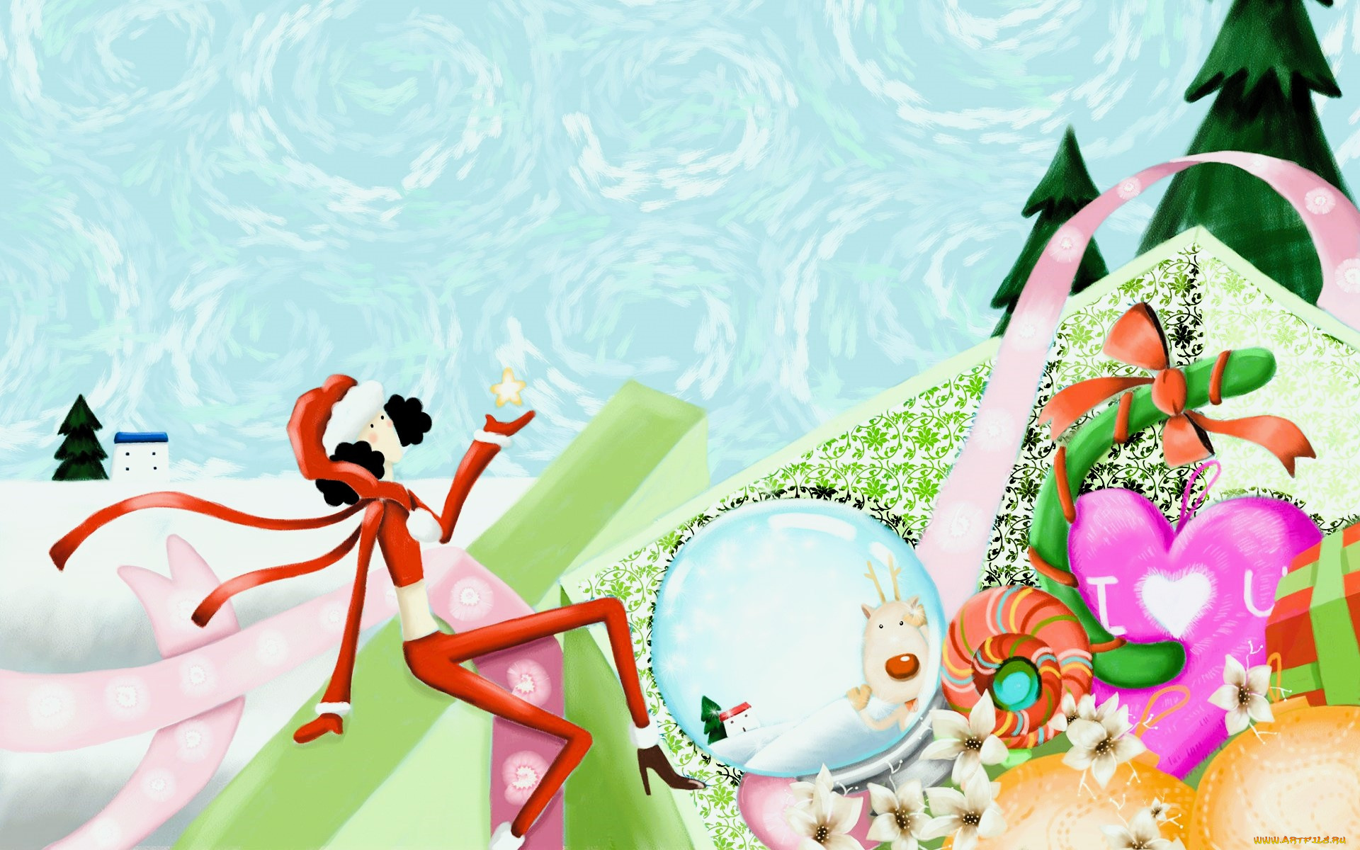 праздничные, векторная, графика, , новый, год, девушка, костюм, подарки, ёлки