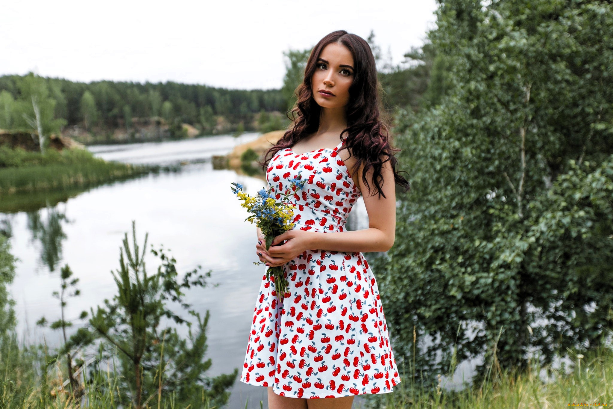 девушки, -, брюнетки, , шатенки, шатенка, платье, букет, роща, берега, река