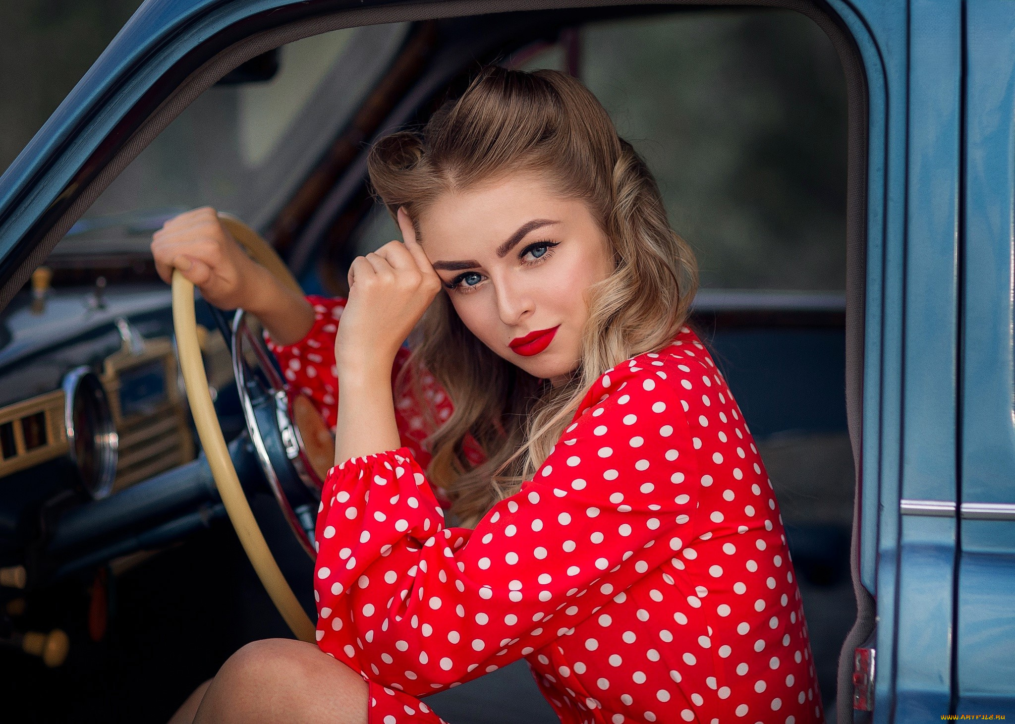 девушки, -, блондинки, , светловолосые, блондинка, платье, руль, машина, ретро