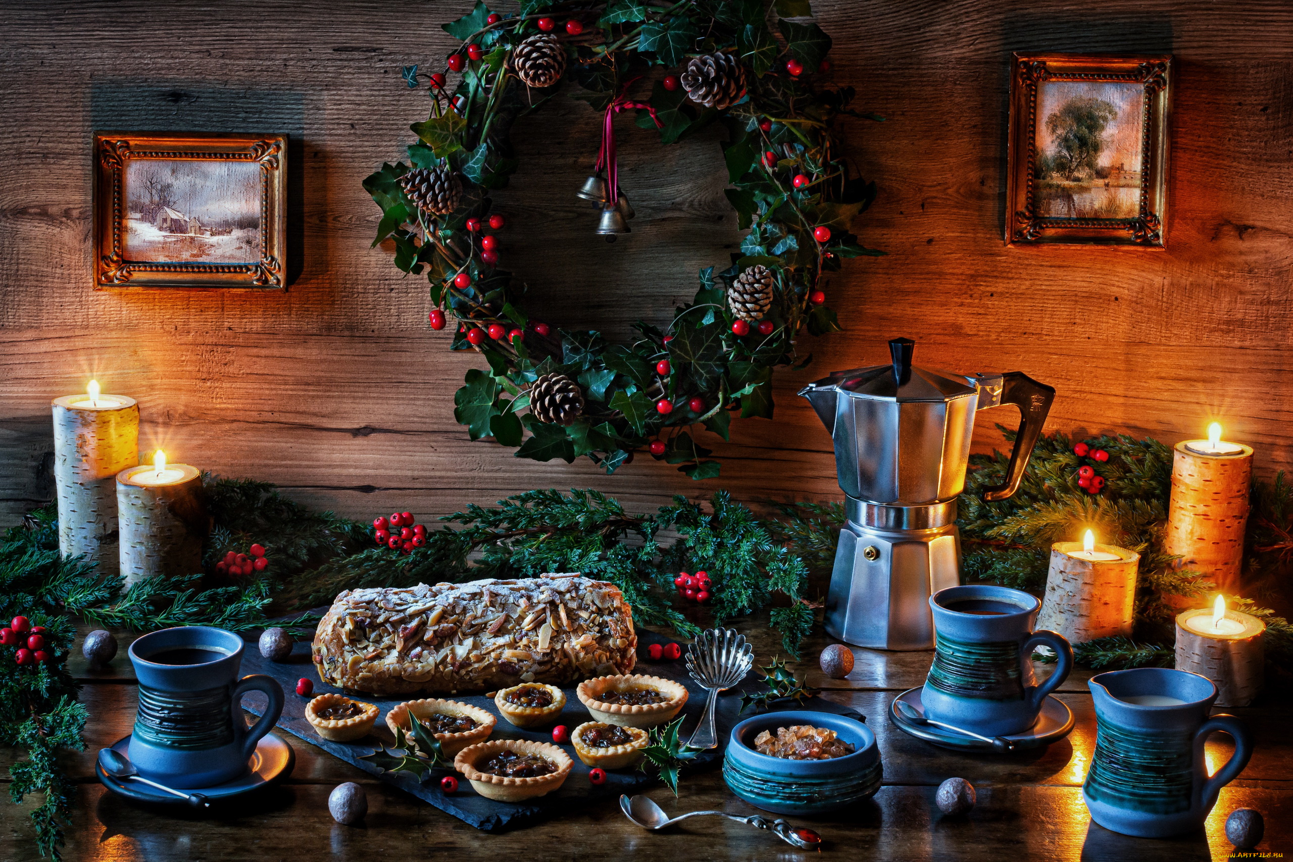 еда, натюрморт, кофейник, кексы, пирог, кофе