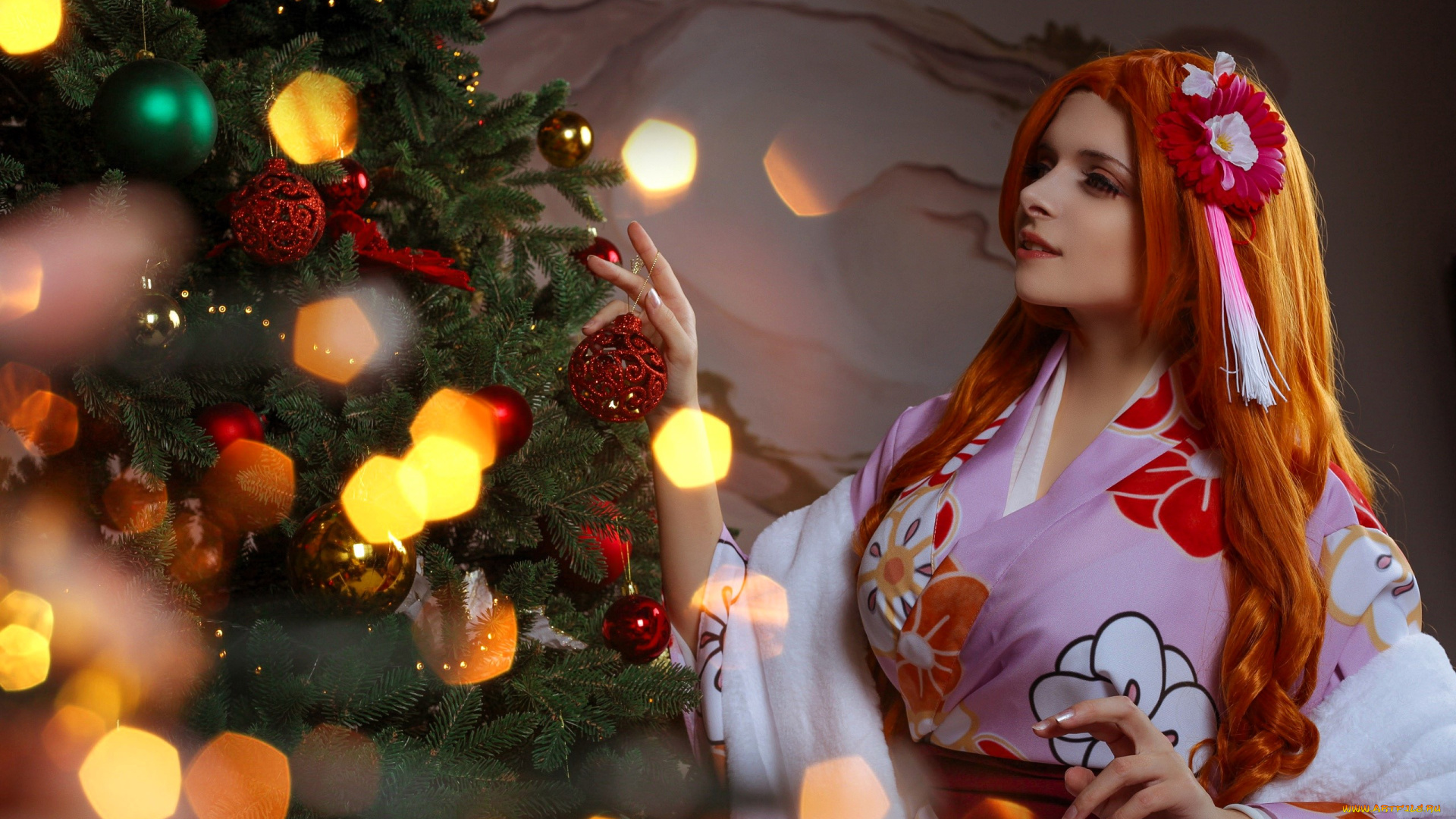 девушки, mari, aisu, образ, косплей, костюм, наряд, кимоно, блики, ёлка, новый, год