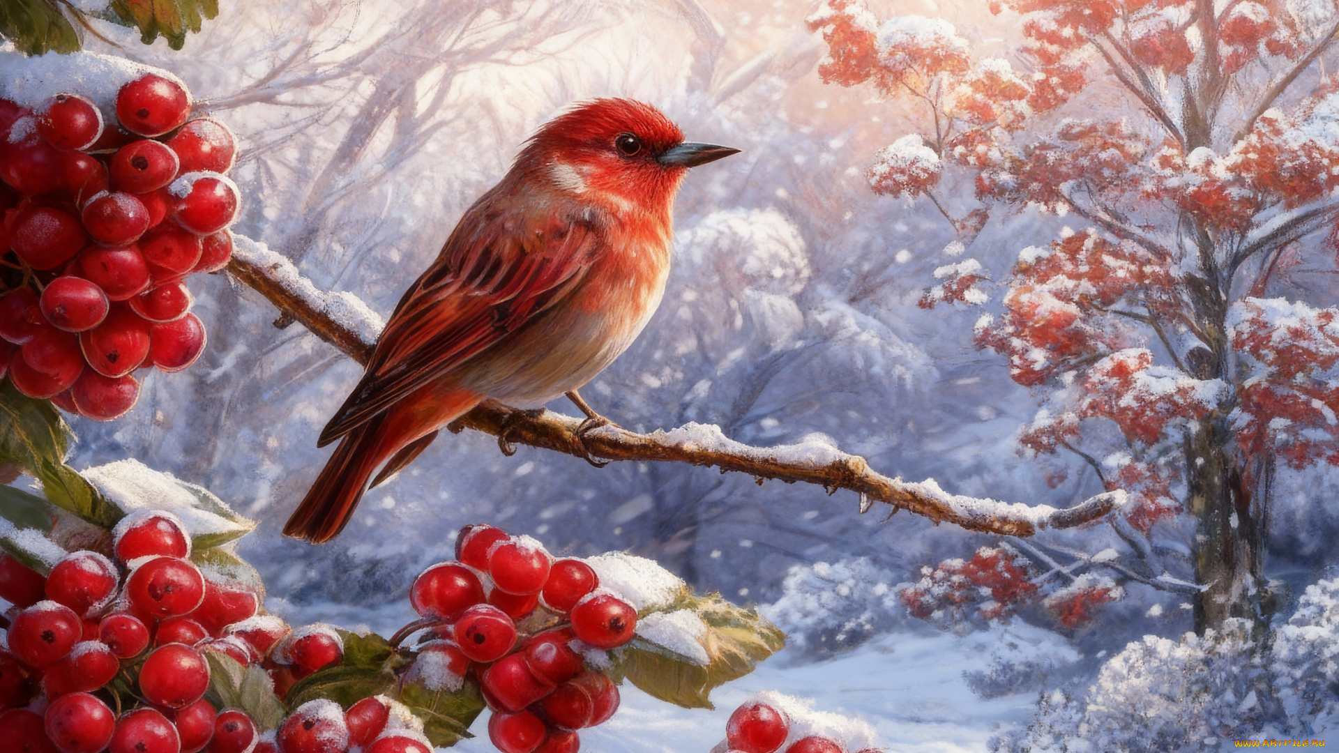 рисованное, живопись, зима, снег, птица, ягоды