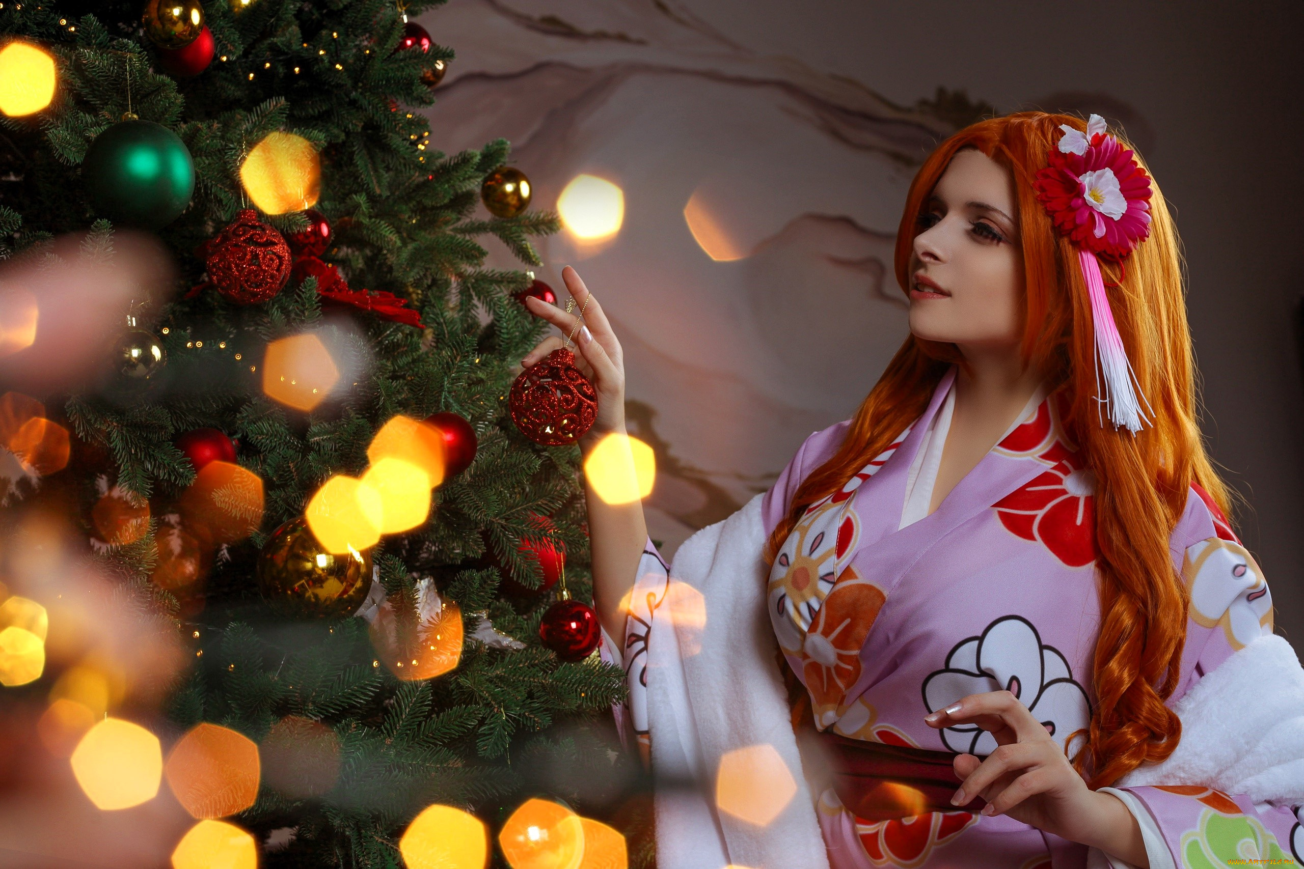 девушки, mari, aisu, образ, косплей, костюм, наряд, кимоно, блики, ёлка, новый, год