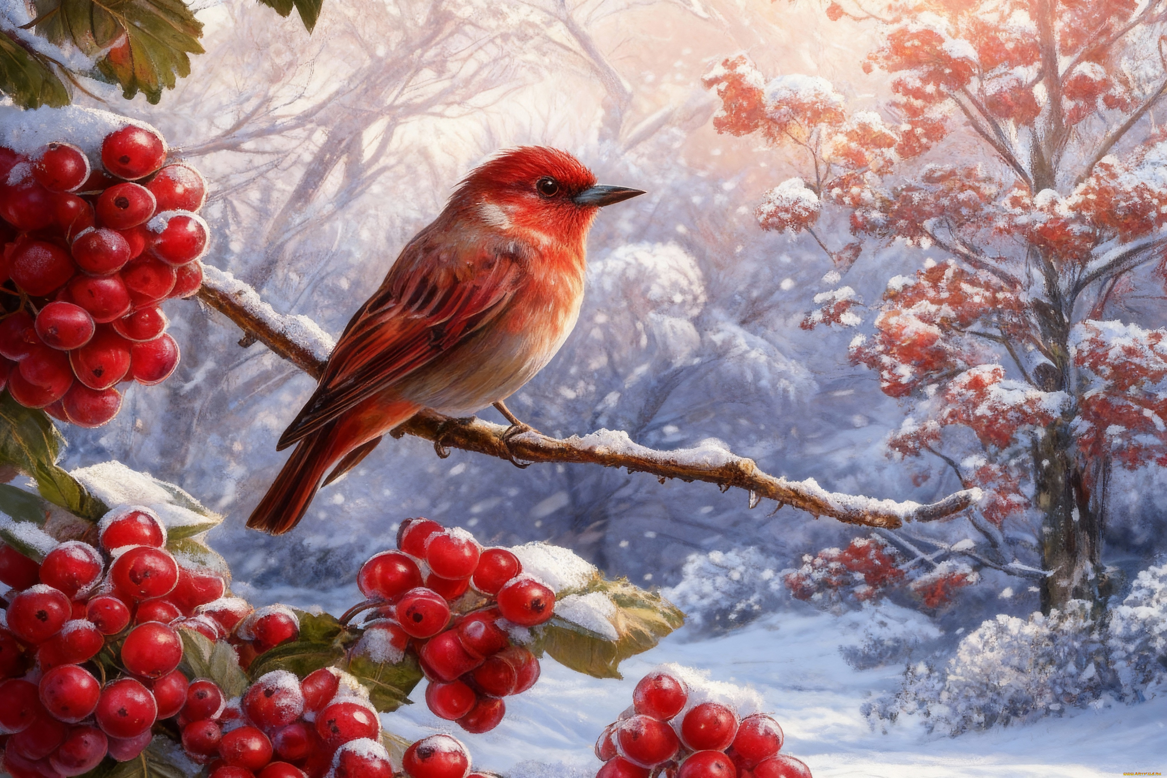 рисованное, живопись, зима, снег, птица, ягоды