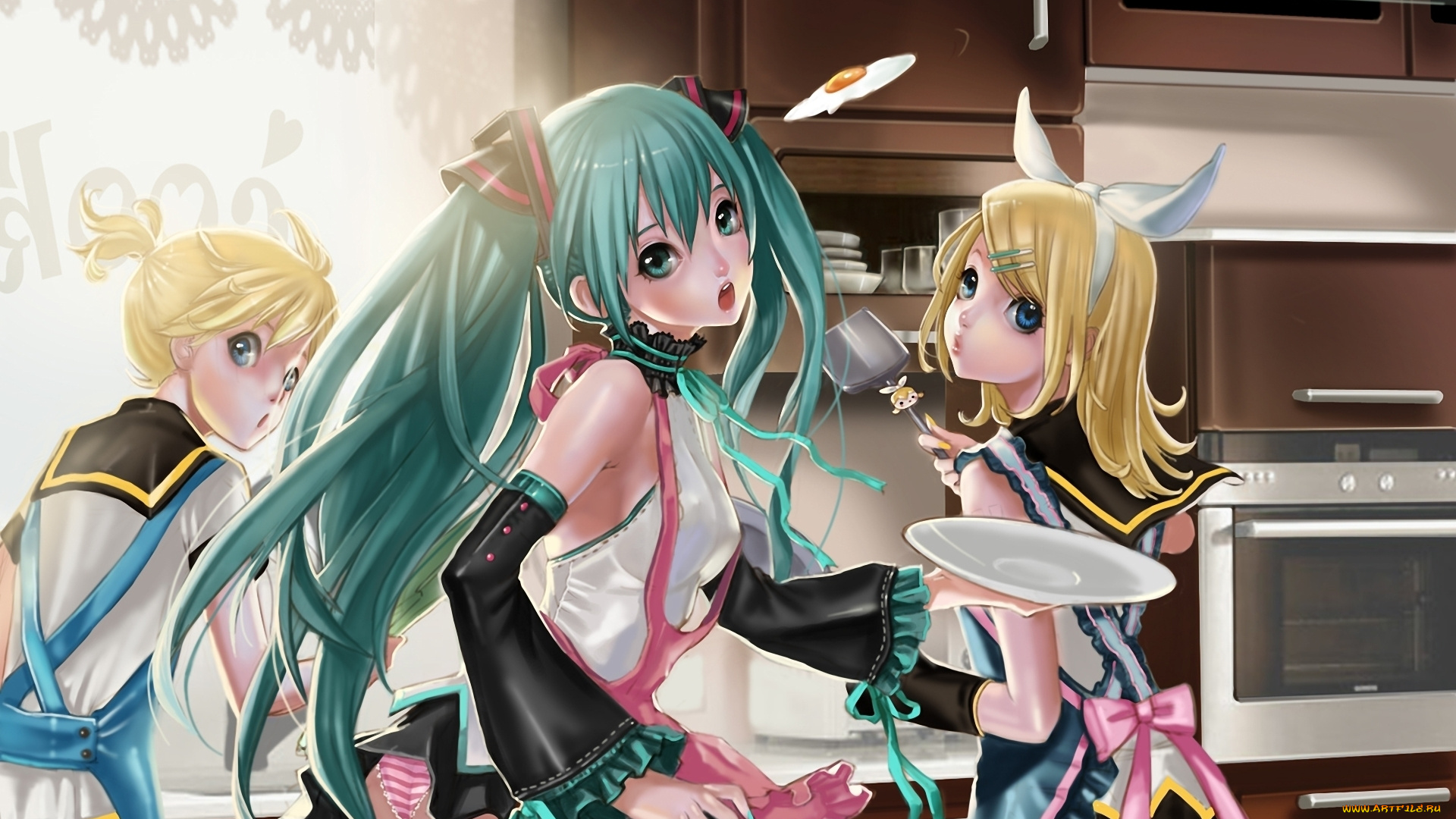 аниме, vocaloid, hatsune, miku, kagamine, rin, len, кухня, готовка