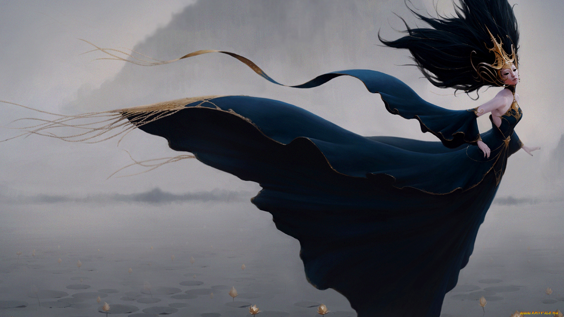 фэнтези, эльфы, гора, цветы, кувшинки, туман, озеро, длинное, платье, ветер, стиль, украшения