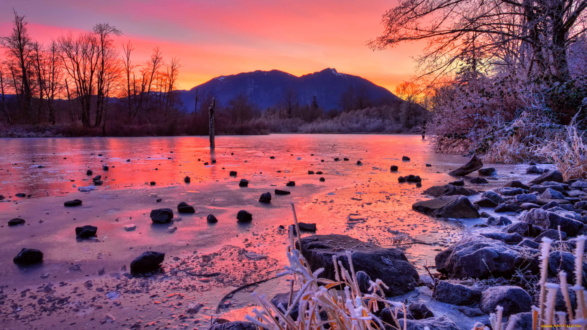 природа, восходы, закаты, река, горы, закат, камни, зима, деревья, лёд, пейзаж