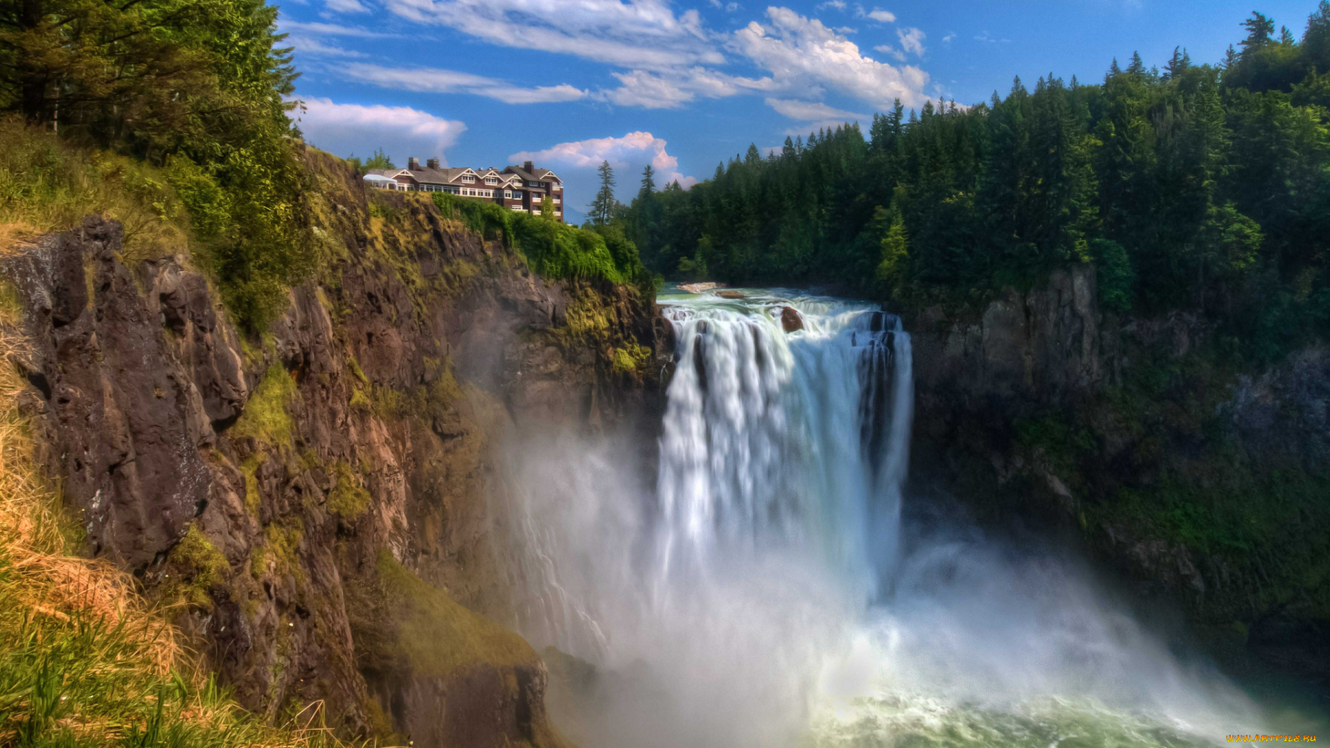 snoqualmie, falls, природа, водопады, поток, обрыв, дом