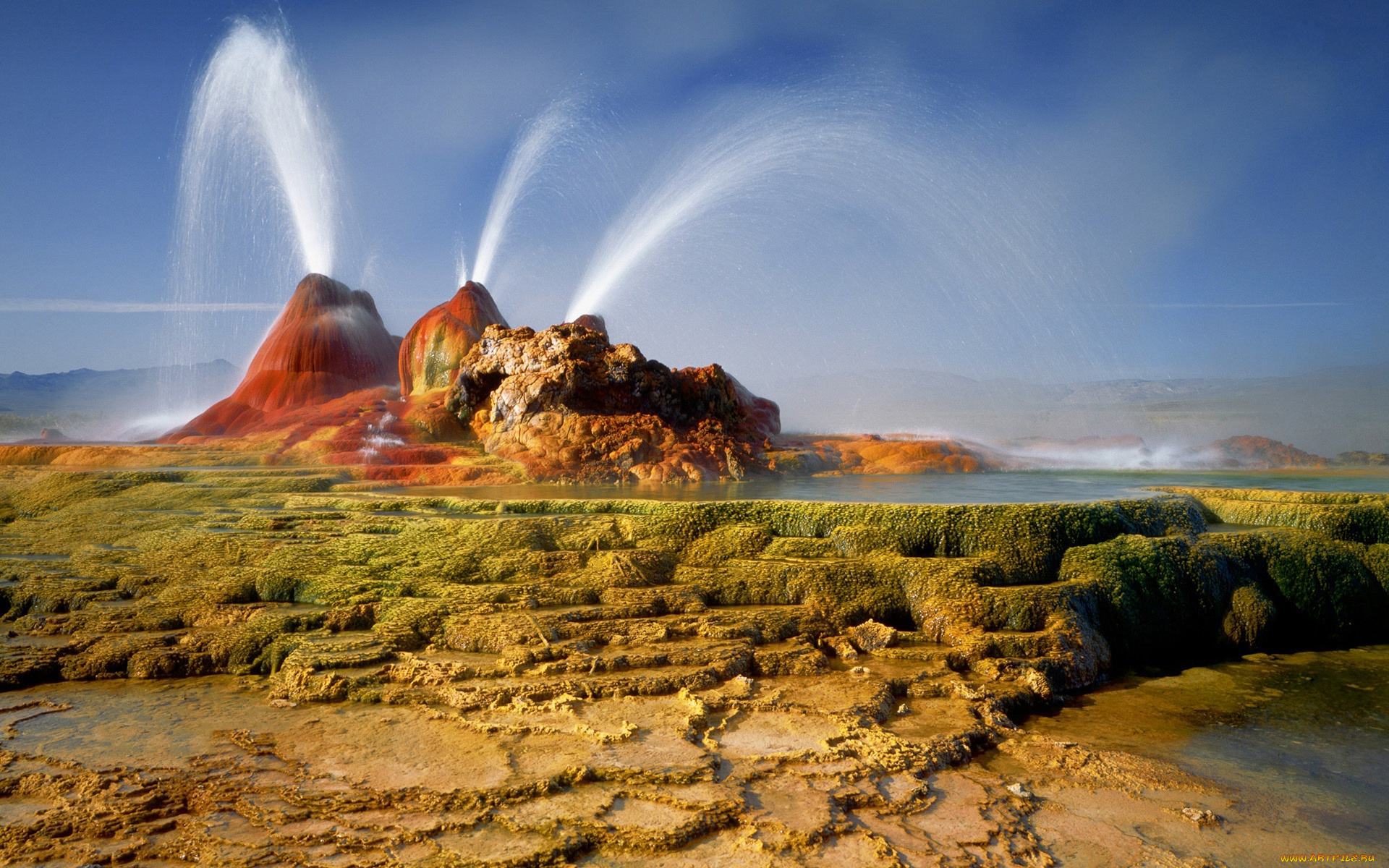 fly, geyser, природа, стихия, плато, вода, гейзер, краски, струи