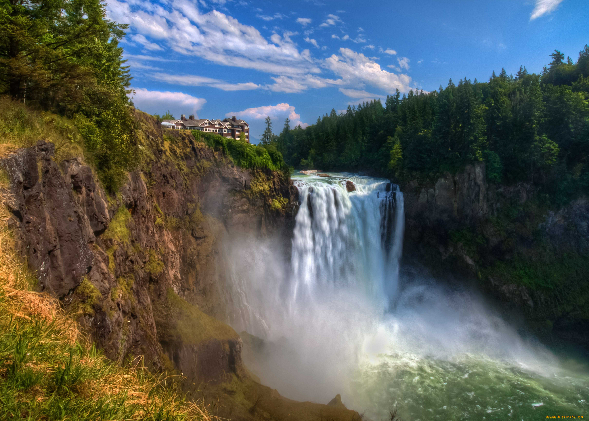 snoqualmie, falls, природа, водопады, поток, обрыв, дом