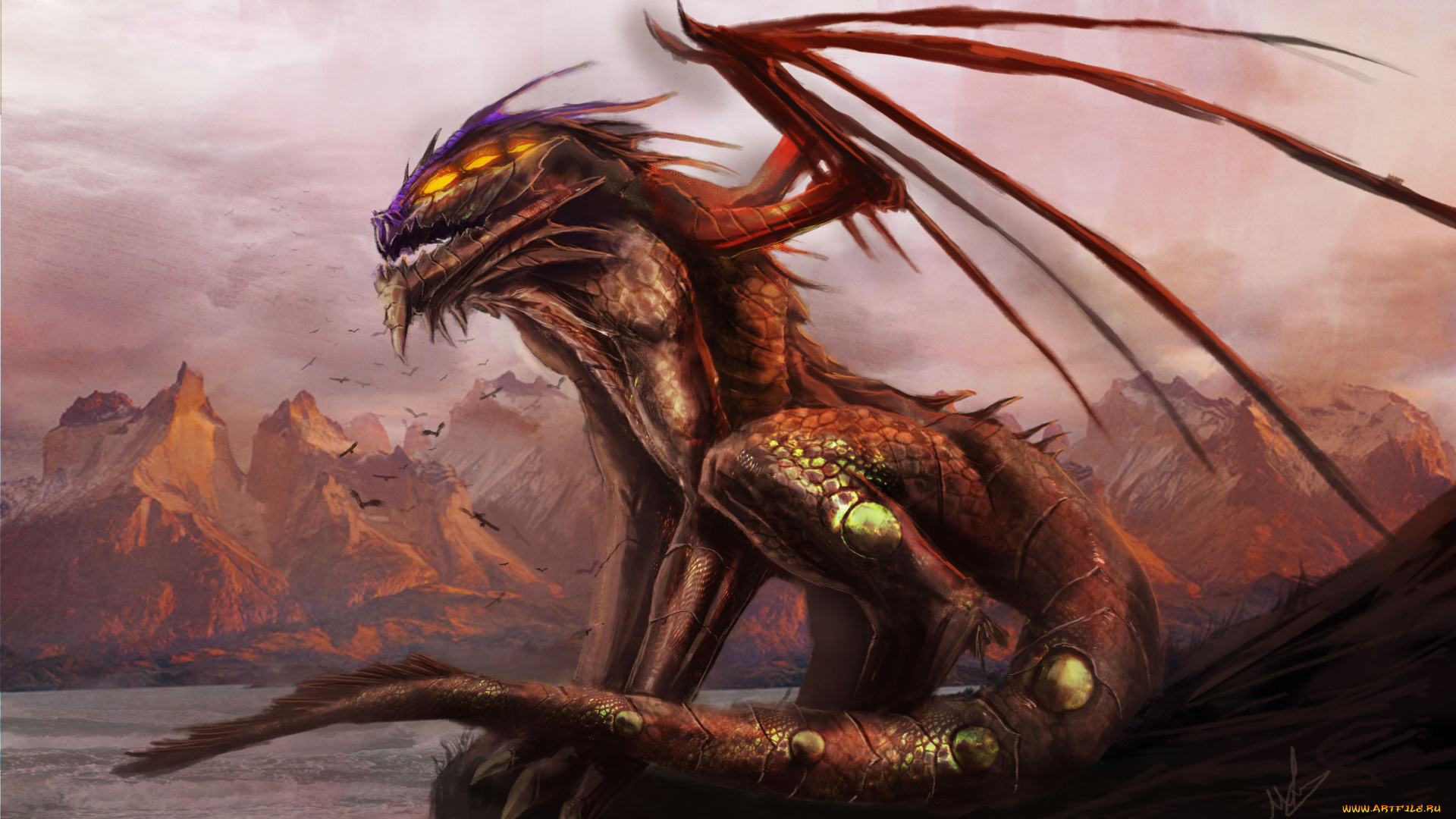 фэнтези, драконы, озеро, горы, скалы, берег, дракон
