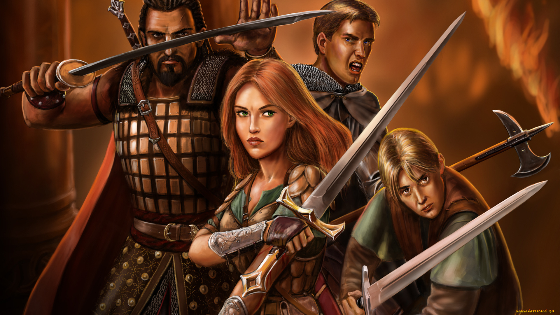 фэнтези, люди, мечи, воины, мужчины, девушка, доспехи, ожидание, оборона