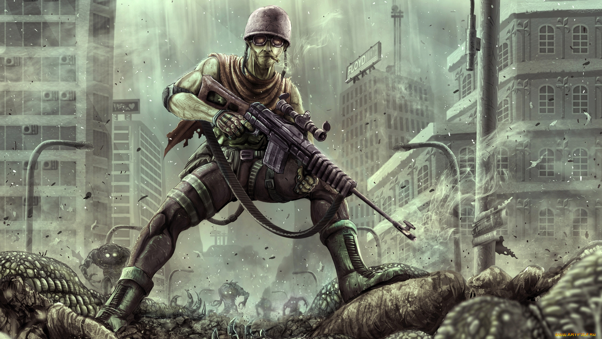 фэнтези, люди, постапокалипсис, солдат, разрушенный, город, монстры