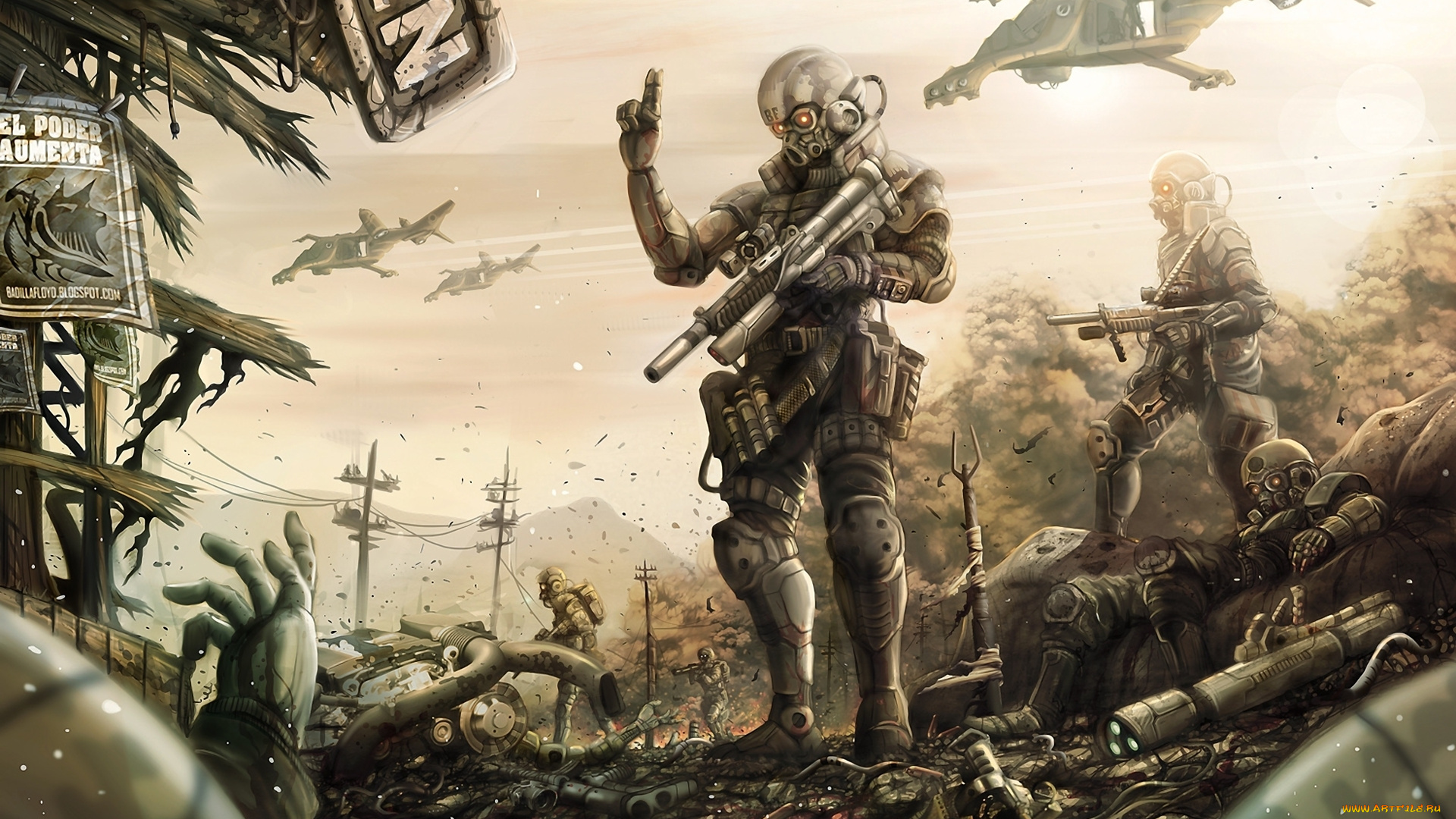 фэнтези, люди, солдаты, поле, зачистка, взрывы, разрушения