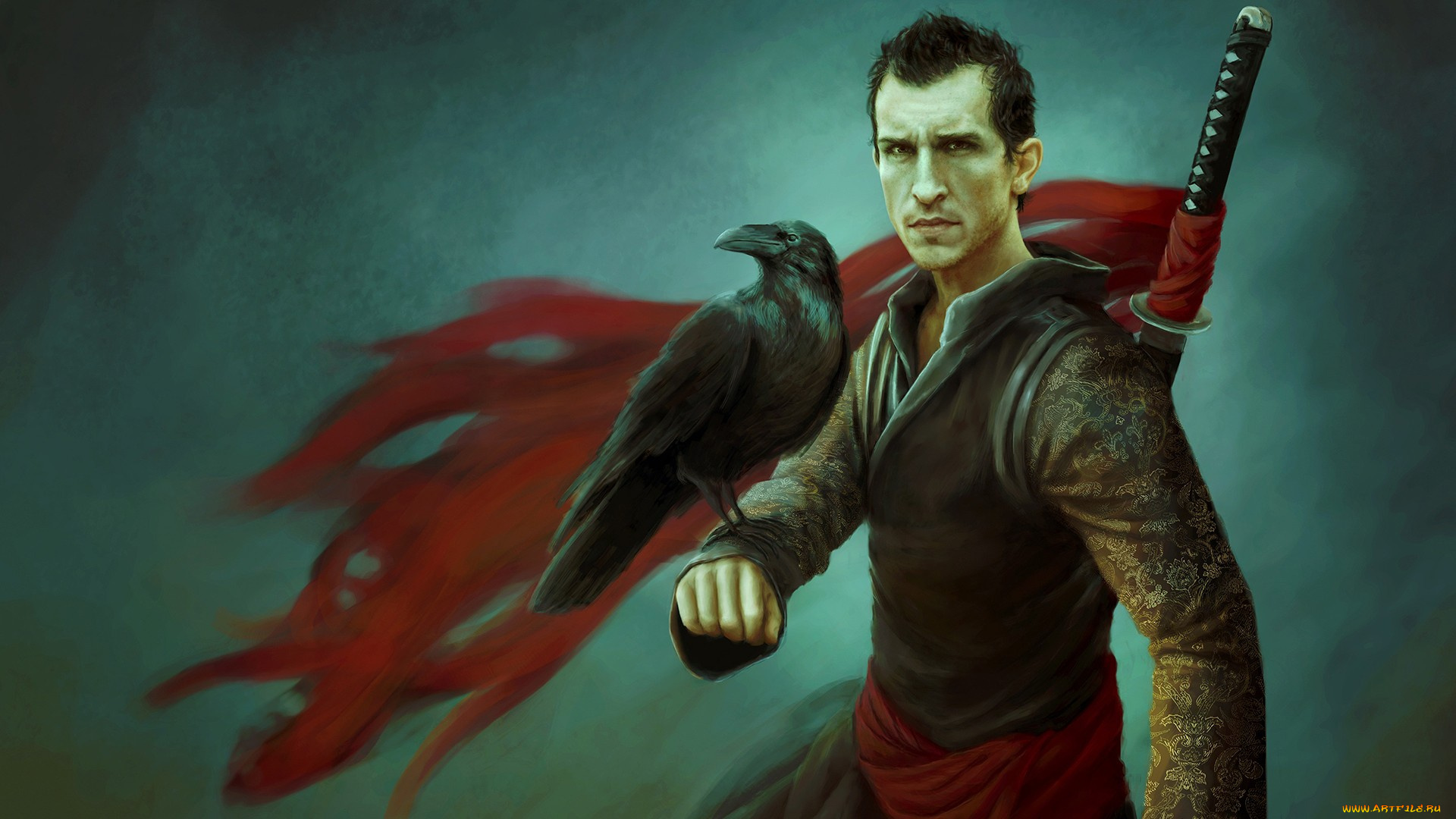 фэнтези, люди, ворон, воин, меч, катана, мужчина
