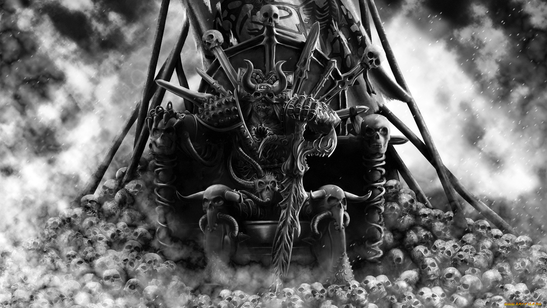 фэнтези, нежить, меч, черепа, демон, монстр, трон