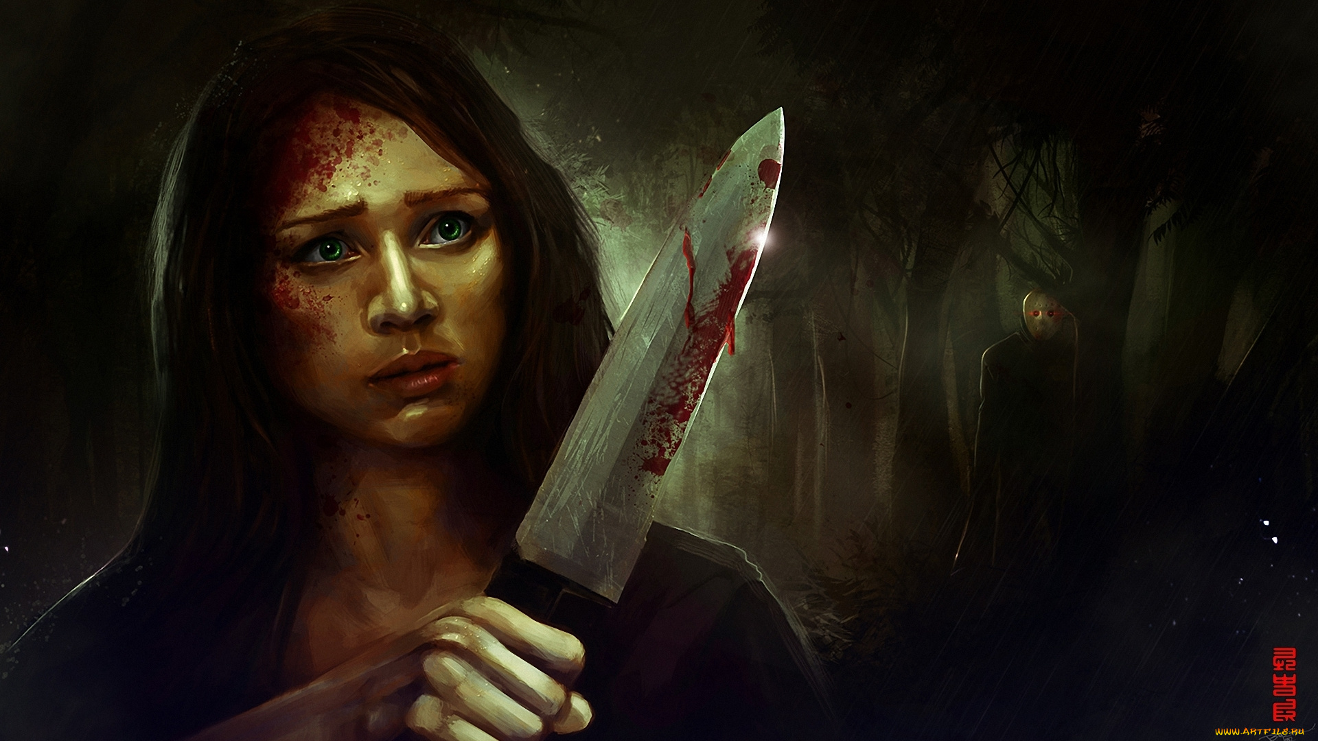 friday, the, 13th, рисованные, кино, the, friday, маска, лес, джейсон, нож, девушка