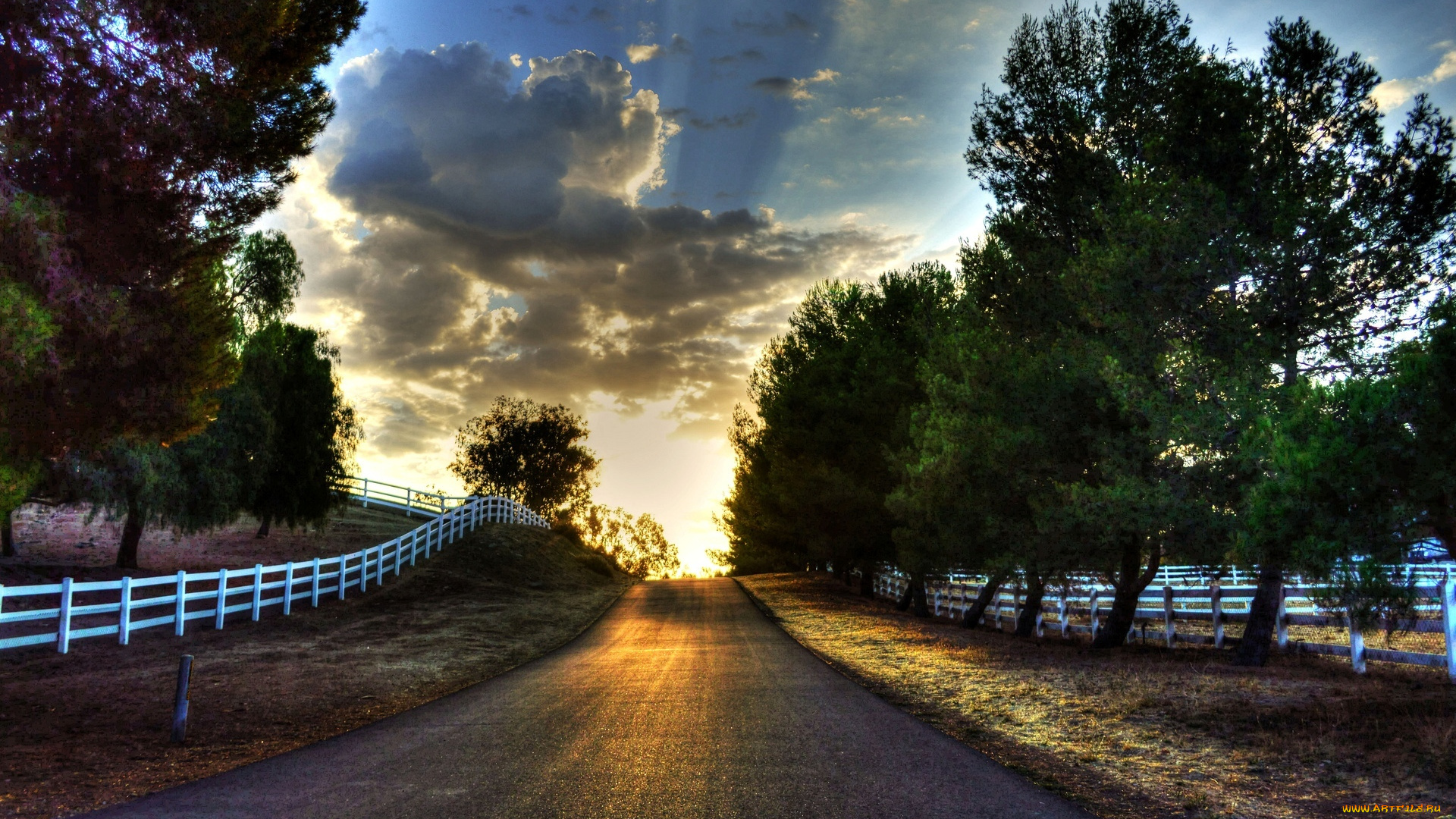 природа, дороги, лучи, дорога, закат, небо, облака
